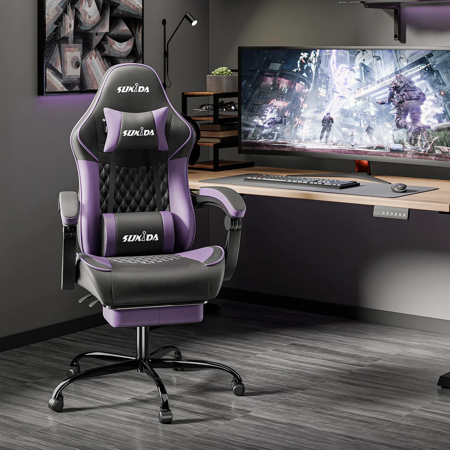 SUKIDA Chaise de Jeu, Chaise d'ordinateur Ergonomique avec Repose-Pieds, Chaise de Bureau Confortable avec appuie-tête, Chaise de Jeu Massage pour Adulte, Chaise d'ordinateur réglable en Hauteur