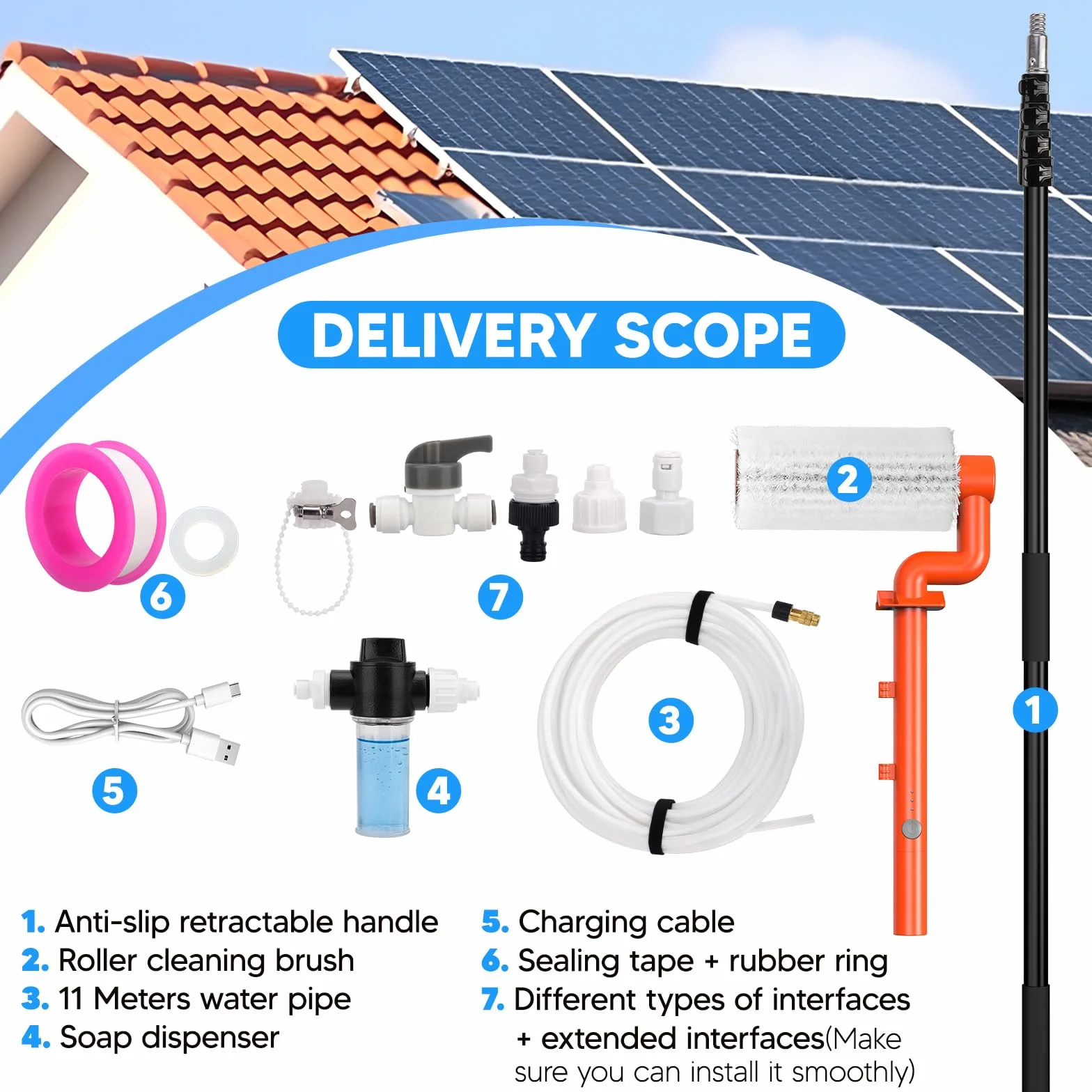 Brosse de Lavage électrique télescopique de 6,5 m - Brosse de Nettoyage électrique à Rouleau avec raccord de Tuyau pour systèmes PV, fenêtres, toits de terrasse et Nettoyage des serres