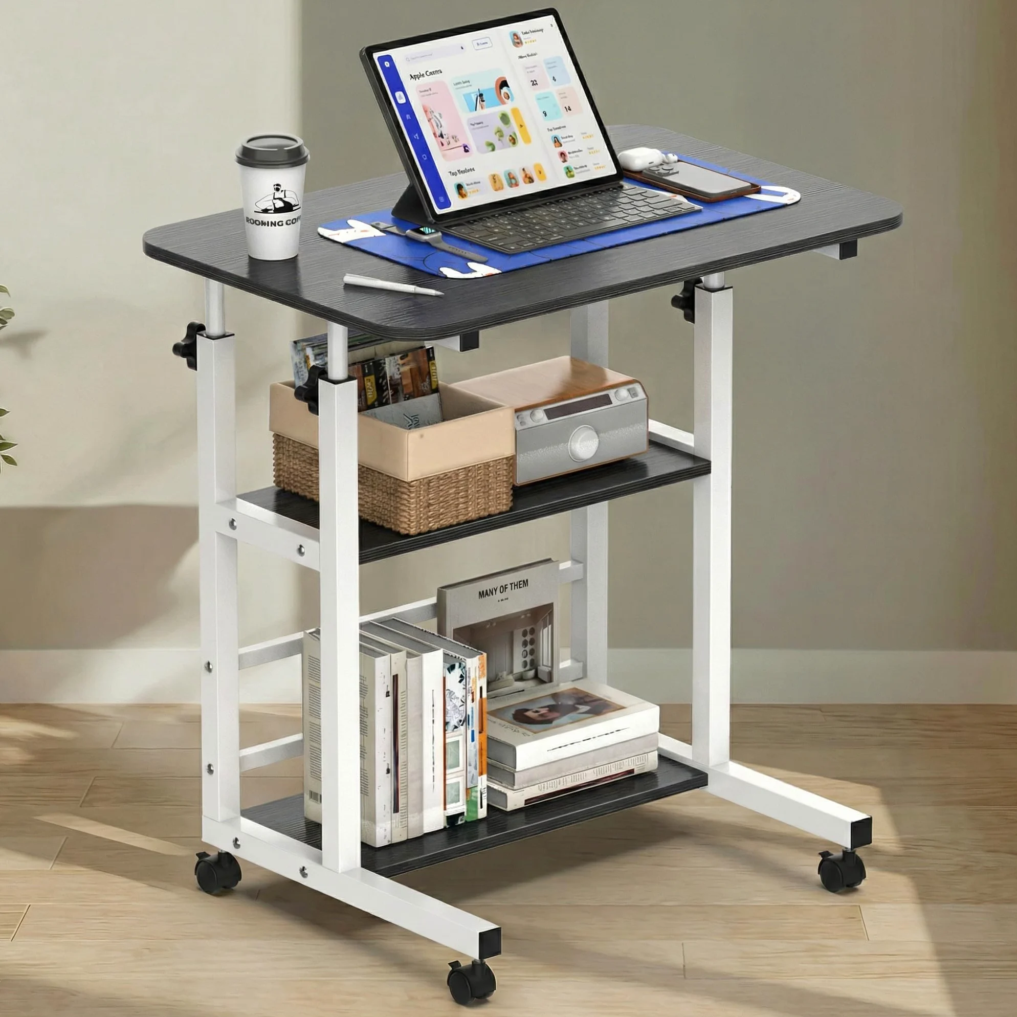 Huracan Bureau Informatique Mobile Réglable en Hauteur 56–82 cm, Table d’Ordinateur 80 x 40 cm avec 3 Niveaux de Rangement, 4 roulettes Verrouillables, Table d’Appoint pour Lit, Canapé – Noir Brossé