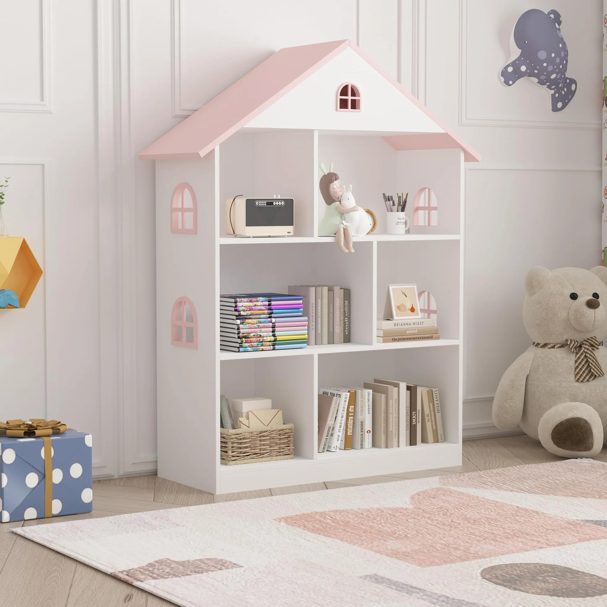 [en.casa] Bibliothèque pour Enfants avec 6 Compartiments de Rangement Ouverts Étagère Autoportante en Forme de Maison Cabane MDF 107 x 83 x 30 cm Blanc