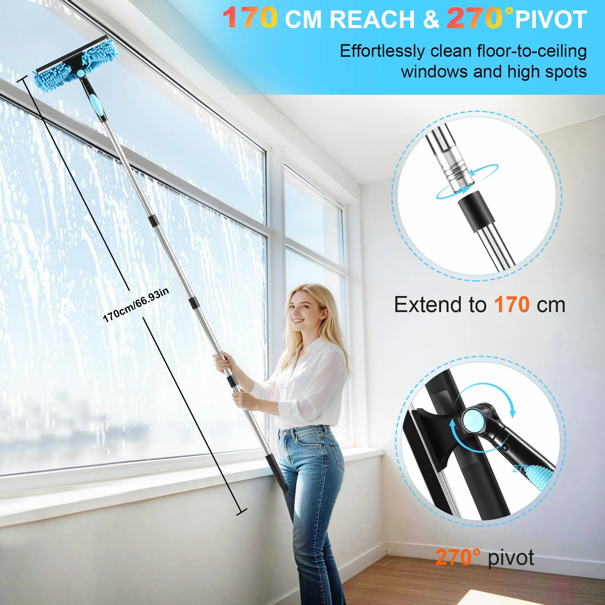 3 en 1 kit Nettoyage vitre 170 cm，Lave vitre telescopiqueavec Manche Long, Mouilleur vitre Professionnel avec Manche Télescopique 4 Sections, pour Fenêtres Hautes, l'Extérieur, Verre，Salle Bain