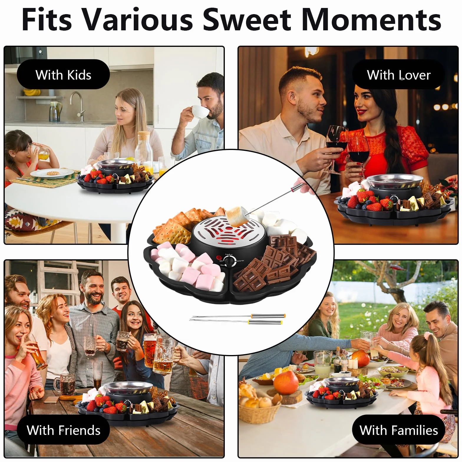 Set à fondue au chocolat 12 pièces avec plateau à fruits et biscuits, appareil 2-en-1 pour fondue et S’mores, chauffe-marshmallow électrique à température réglable, idéal pour fêtes et famille
