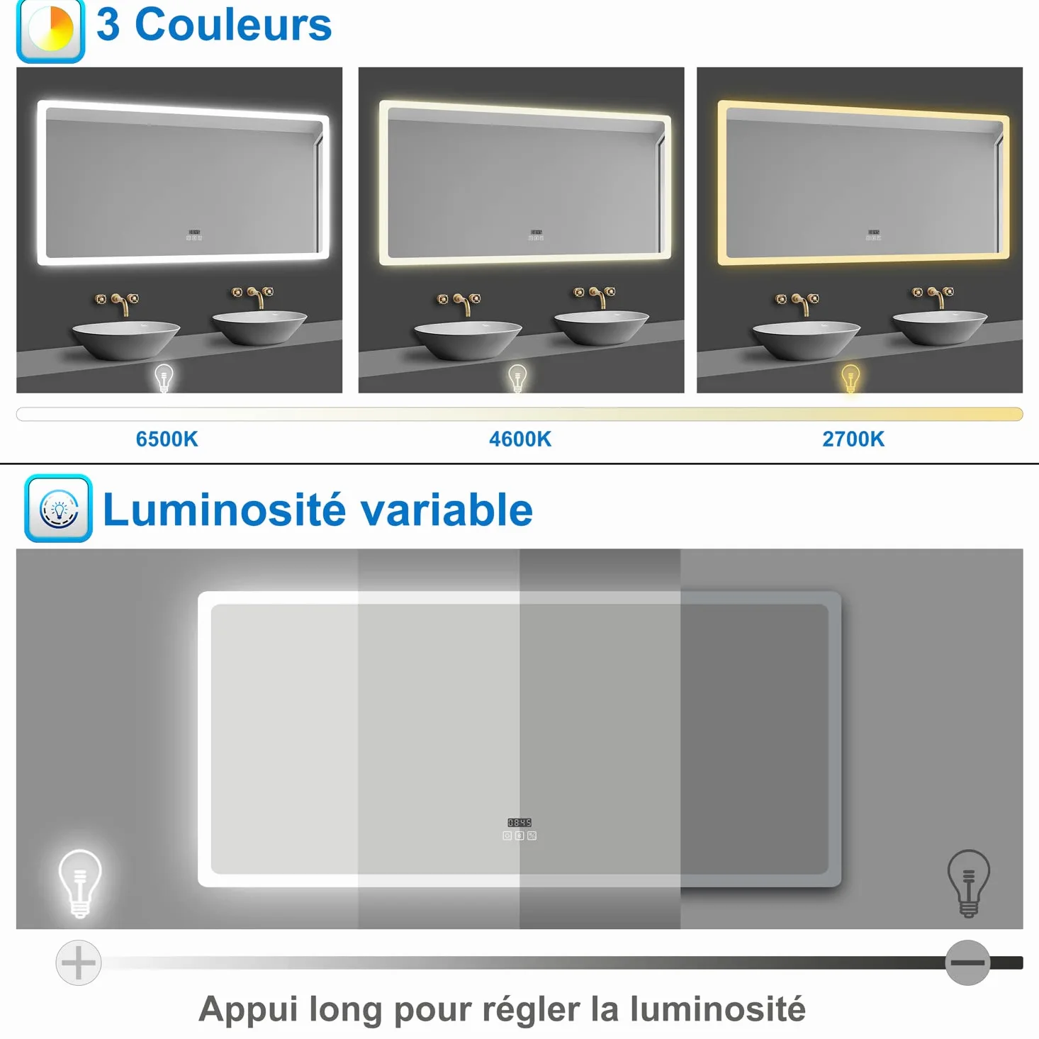 AICA Miroir de Salle de Bain à LED avec Bluetooth 120 x 70cm, Mural Miroir avec Anti-buée + 3 Couleurs + Horloge, Miroir avec Interrupteur Tactile Étanche IP44, Éclairage à Intensité Variable