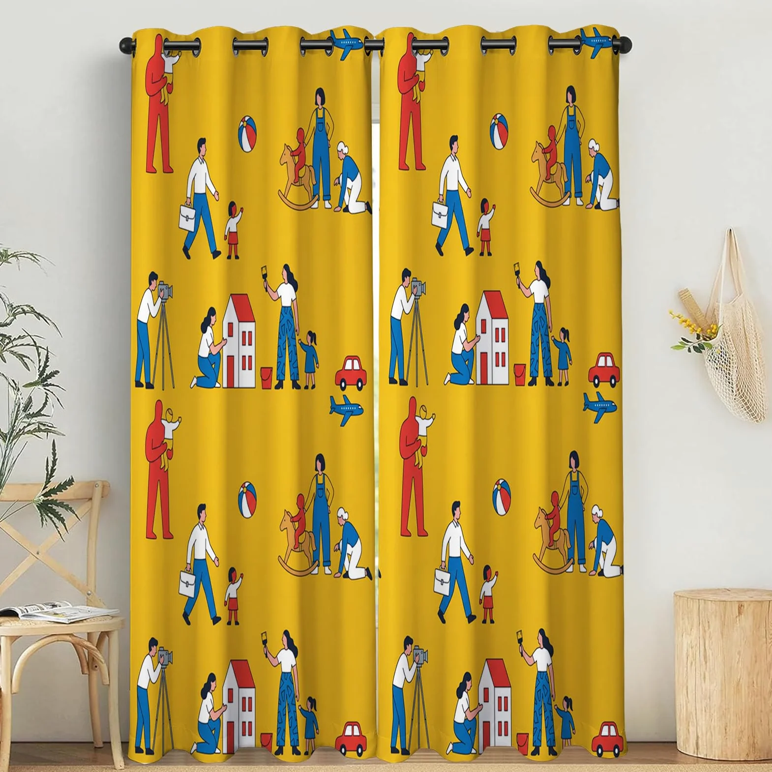 Rideau Occultant Vie Famille Dessin Animé Thermiques Anti Froid, 140x175cm Rideaux Fenêtre Opaque Jeux Parents-Enfants à Oeillets Anti UV Intérieurs Decoration Dressing Salon Chambre Maison, Jaune