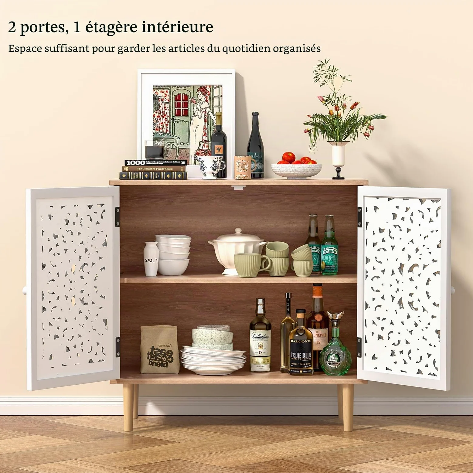 Buffet Bois Sculpté, Meuble de Rangement Cuisine Bas, Meuble Bas avec Pieds en Bois Massif, Étagères Réglables, Armoire de Rangement pour Salon, Cuisine, Chambre, Blanc