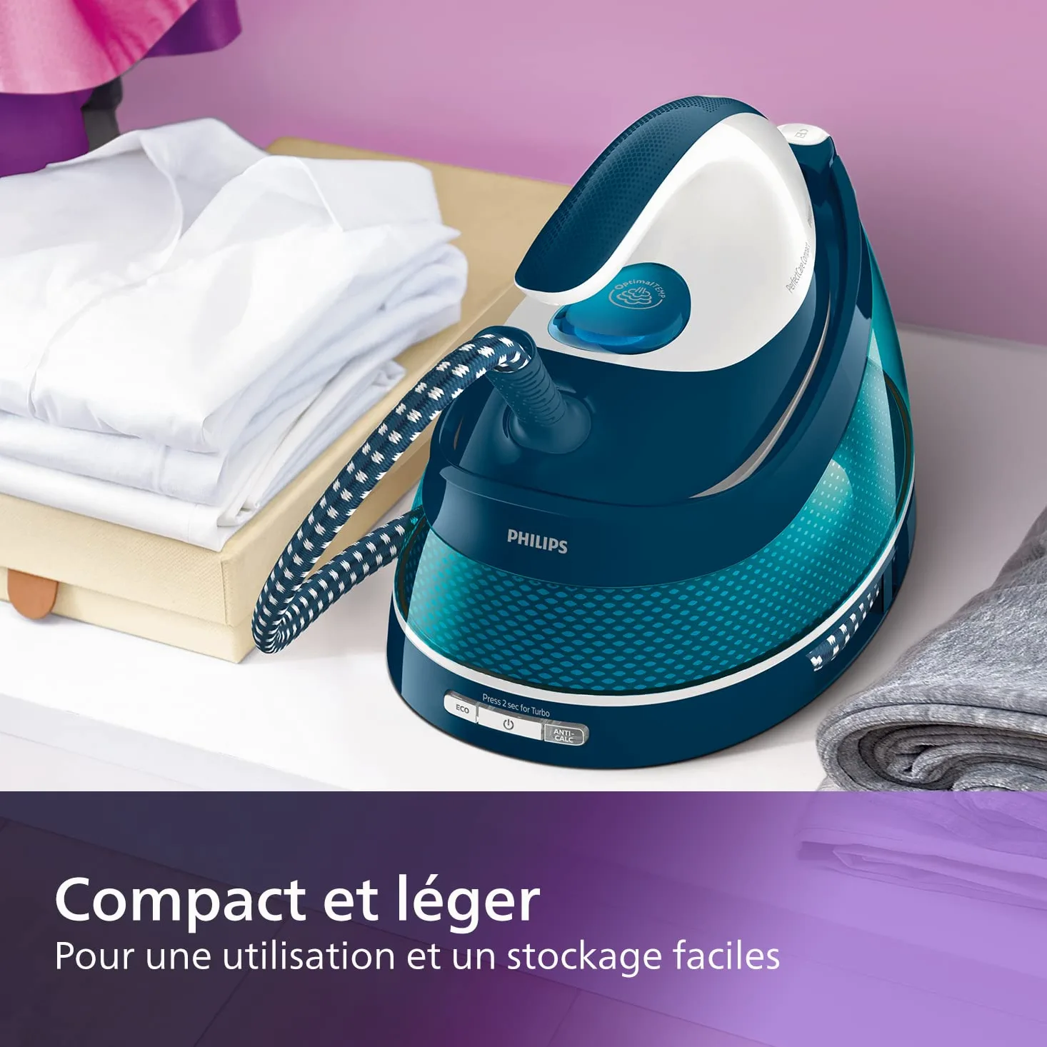 Philips PerfectCare Compact Plus Centrale Vapeur - 2400W, 400g, Pression de 6,5 bars, Technologie OptimalTEMP, Réservoir de 1,5 L, Bleu/Blanc (GC7844/20)