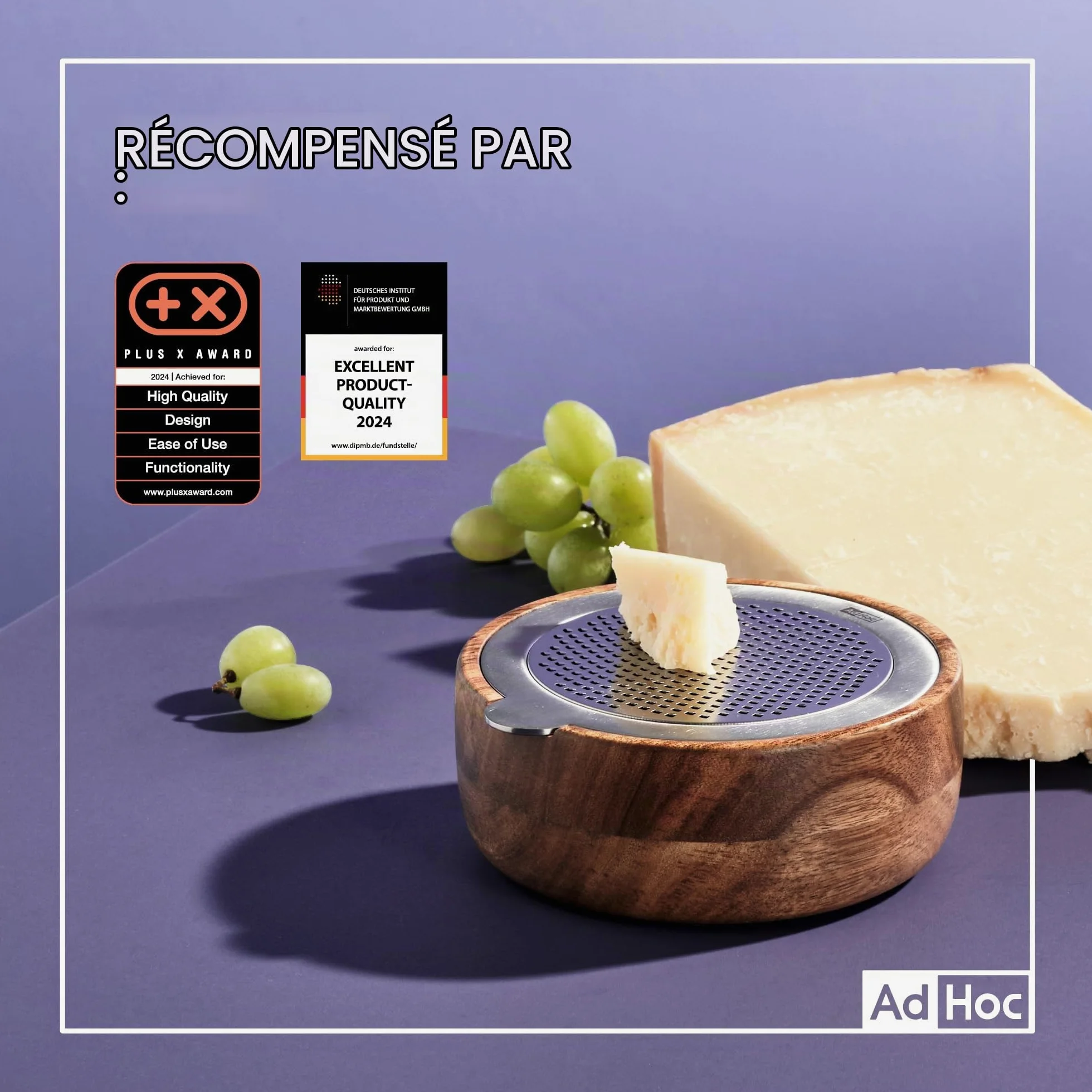 AdHoc CutnServe Râpe fine à fromage avec récipient, noir | Lame inox PreciseGrate pour parmesan, fromage à pâte dure, chocolat, noix et épices, récipient en bois d’acacia