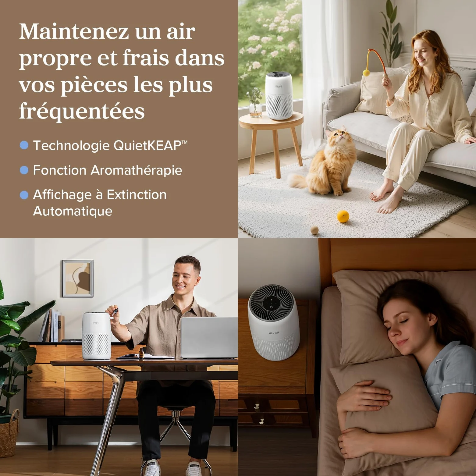 LEVOIT Purificateur d'Air Chambre, Filtration Efficace contre Allergies et Odeurs, Silencieux, avec Éponge d'Aromathérapie, 7W Économie d'Énergie, 3 Vitesses, Air Purifier HEPA pour Maison Bureau