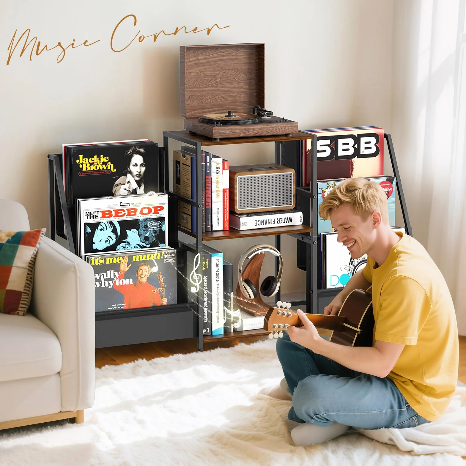 Plateau pour platine vinyle, support pour disques vinyles, support pour disques vinyles avec lecteur vinyle pour jusqu'à 300 albums, plateau pour platine vinyle avec lecteur multimédia vinyle