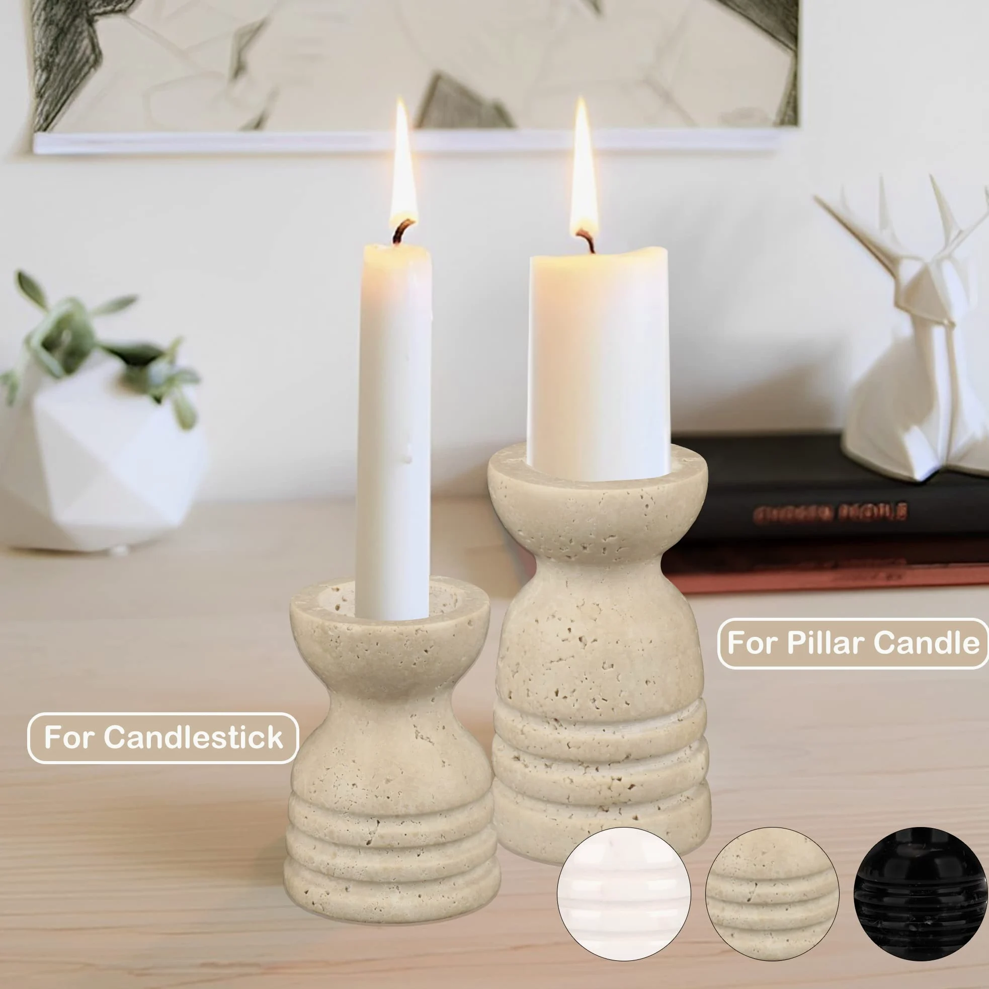 Lot de 2 bougeoirs Italiens en véritable travertin Naturel en marbre de qualité supérieure pour Mariage, Salle à Manger, fête, bougeoir pour Bougies piliers de diamètre 1,9 cm de diamètre