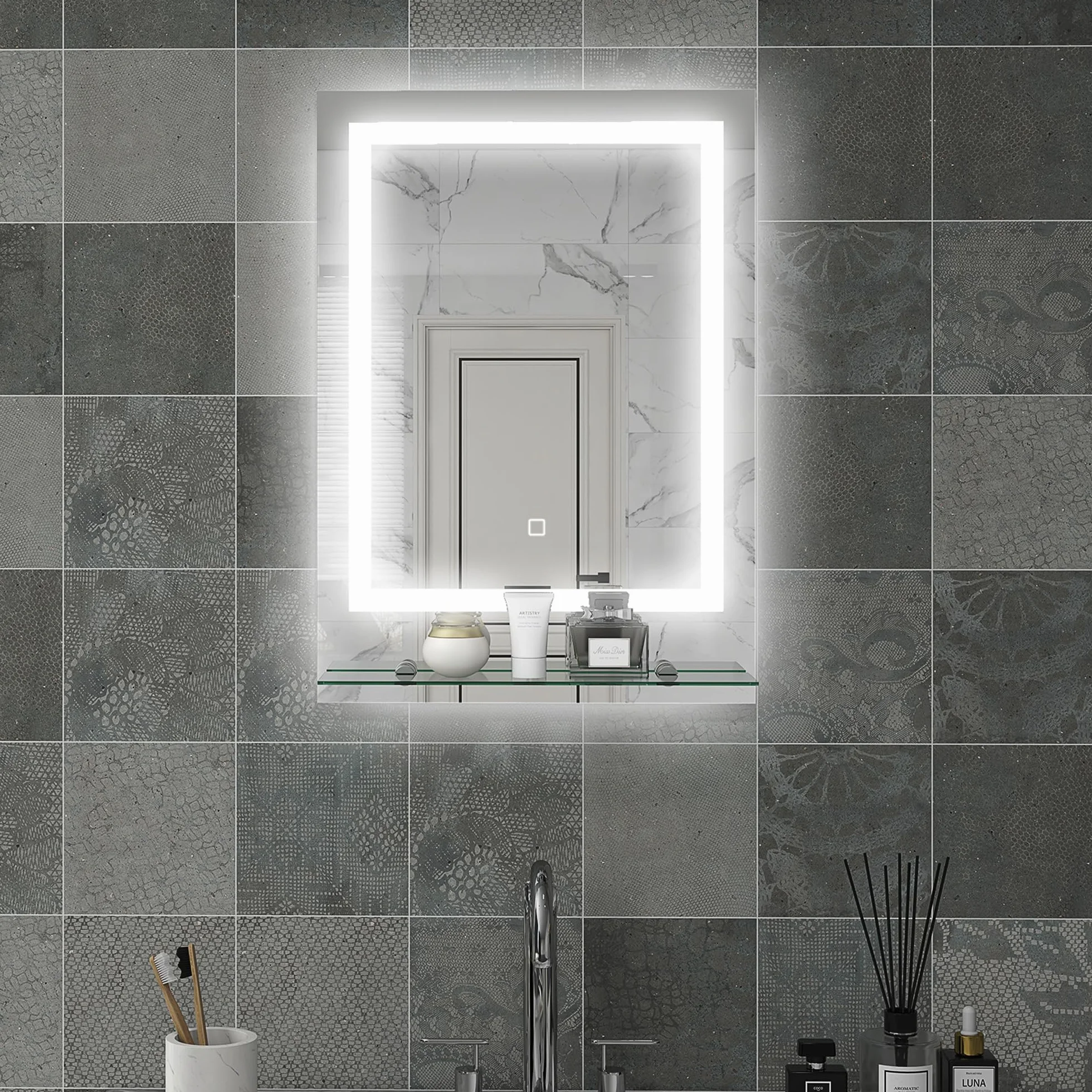 kleankin Miroir Lumineux LED rectangulaire Miroir Mural avec étagère de Salle de Bain 70 x 50 cm luminosité réglable Anti-buée Interrupteur Tactile