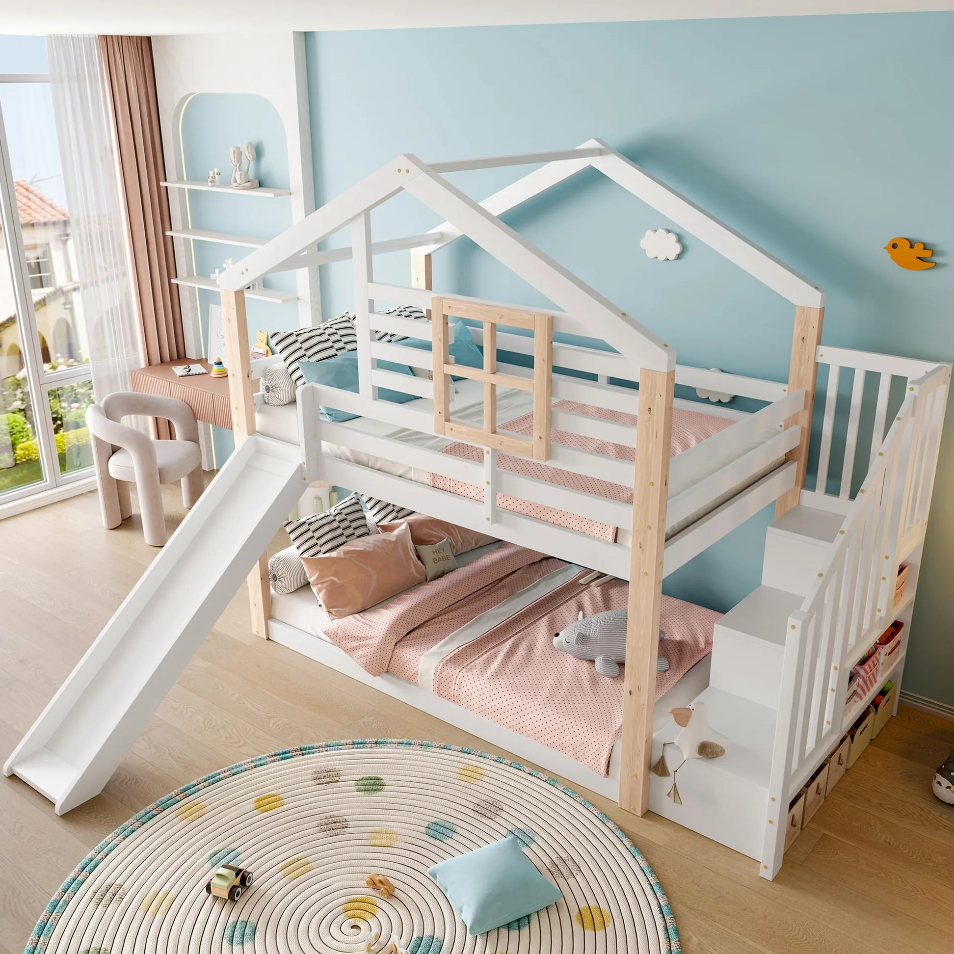 Zepneiy Lit Cabane Enfants 90x200 avec Toboggan et fenêtre, Lit Superposé 2 Places avec Rampe et Espace de Rangement, pour Les frères et sœurs, en Bois Massif Blanc (sans Matelas)