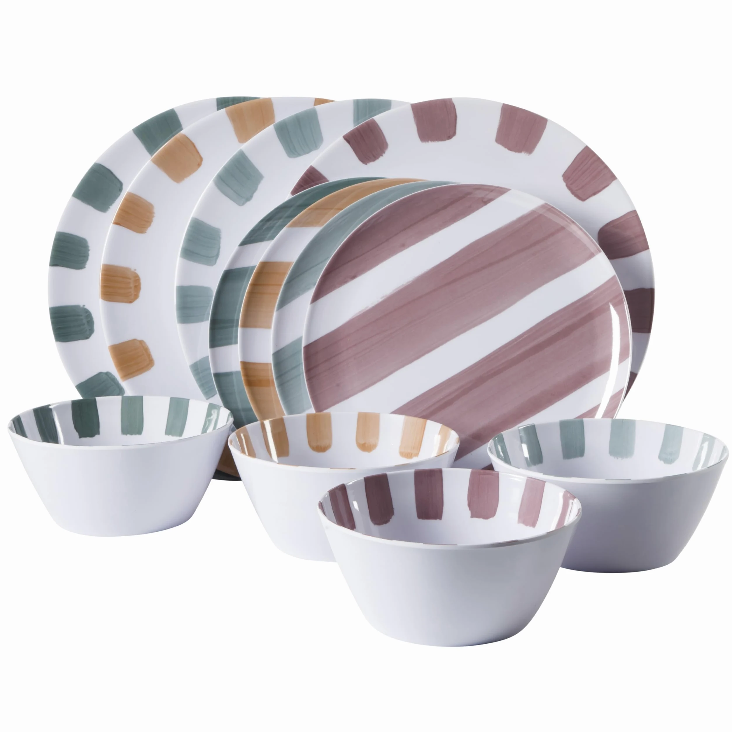 Gibson Home Cottage Stripes Service de table 12 pièces en mélamine incassable – Pour l'extérieur, le camping et une utilisation quotidienne – Couleurs assorties