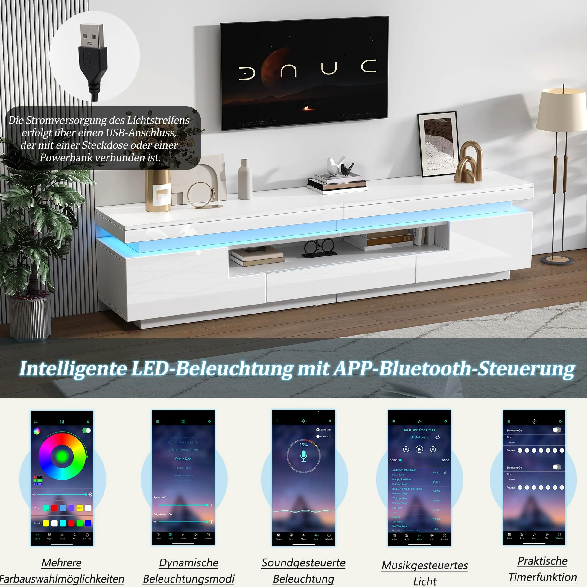 Meuble TV à Haute luminosité avec LED Portes tiroir Panneau Bas pour TV Jusqu’à 75 Pouces Meubles de Base avec Espace de Rangement Semi-Ouvert pour Le Salon Table d’Armoire TV Blanc