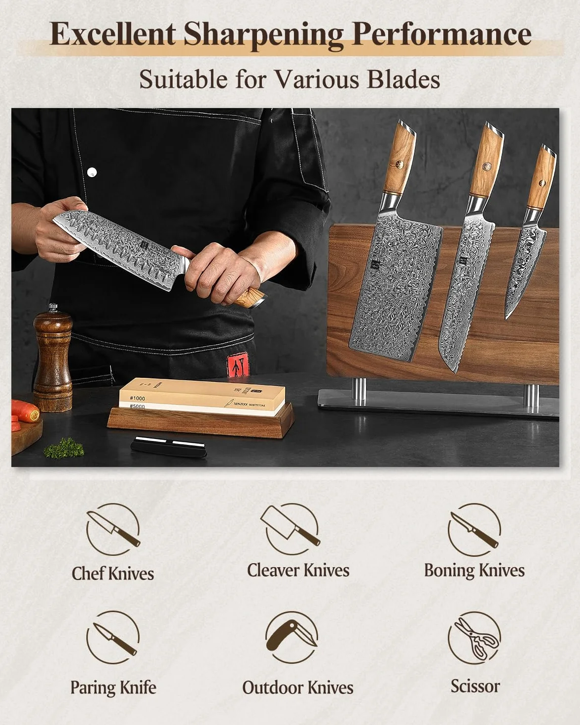 XINZUO Pierre à Aiguiser Grain Double Face 1000/5000, Aiguiseur de Couteau à Affûter Professionnel 2-en-1-Face avec Base en Silicone Antidérapant et Guide d'Angle et Pierre à Aplatir, 5 Pièces