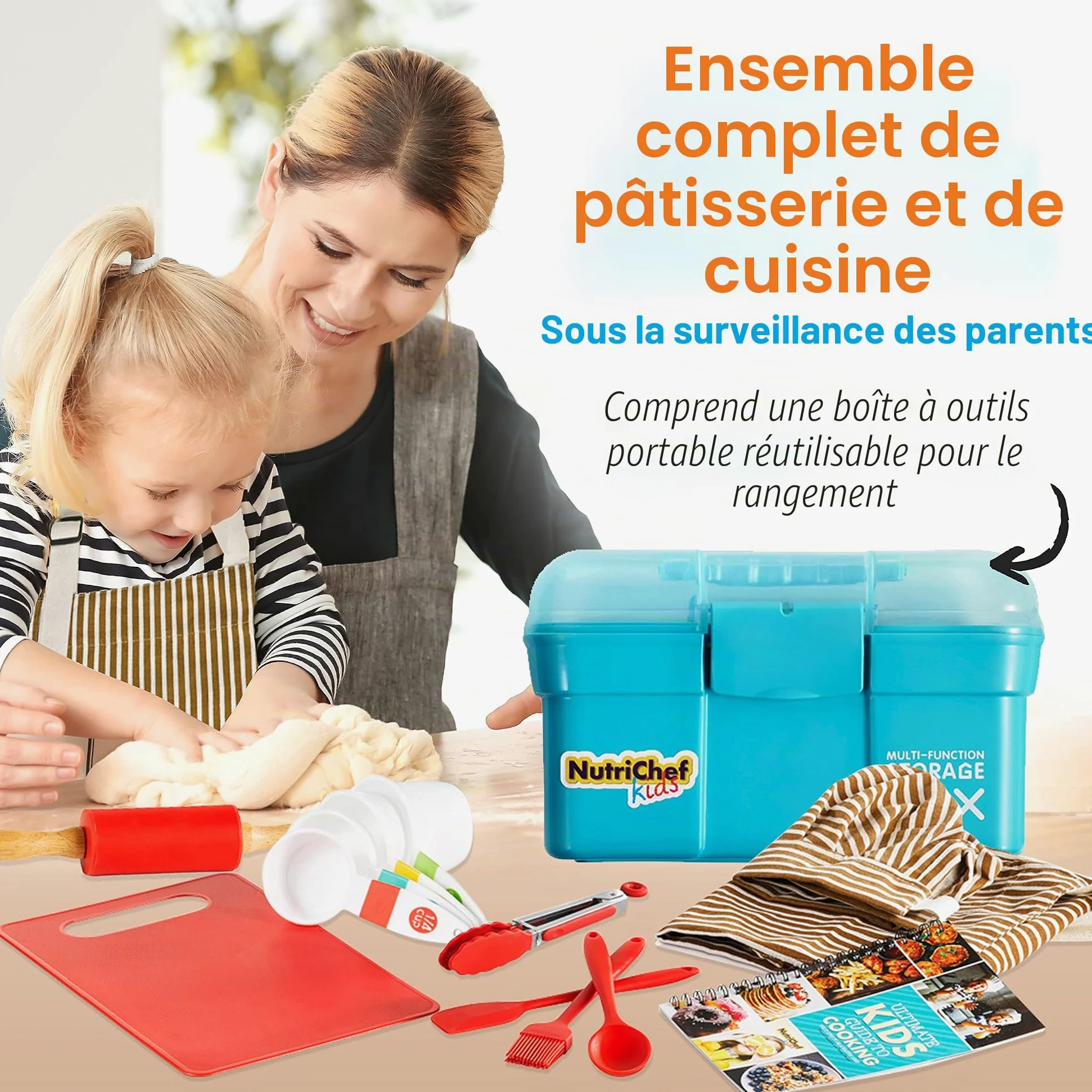 NutriChef Kit Cuisine Enfant et Pâtisserie – Set Complet avec Tablier Little Chef, Livre de Recettes, Couteaux Nylon et Ustensiles, dès 4 Ans