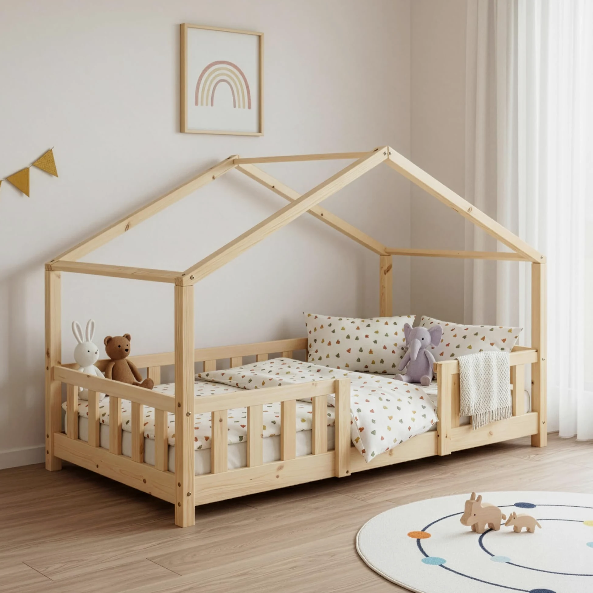 [en.casa] Lit d'enfant Cabane Treviolo 70 x 140 cm Lit Montessori en Forme de Maison avec Barrière et Sommier à Lattes Solide Style Scandinave Capacité de Charge 70 kg Bois de Pin Naturel