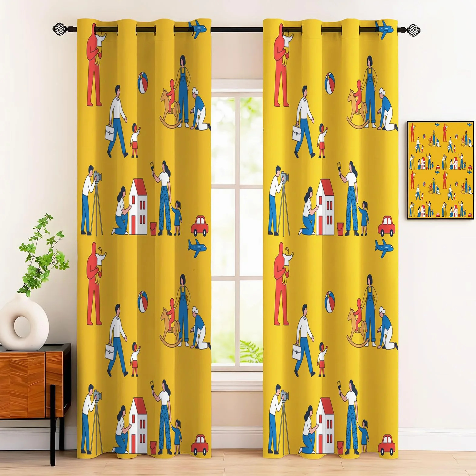 Rideau Occultant Vie Famille Dessin Animé Thermiques Anti Froid, 140x175cm Rideaux Fenêtre Opaque Jeux Parents-Enfants à Oeillets Anti UV Intérieurs Decoration Dressing Salon Chambre Maison, Jaune