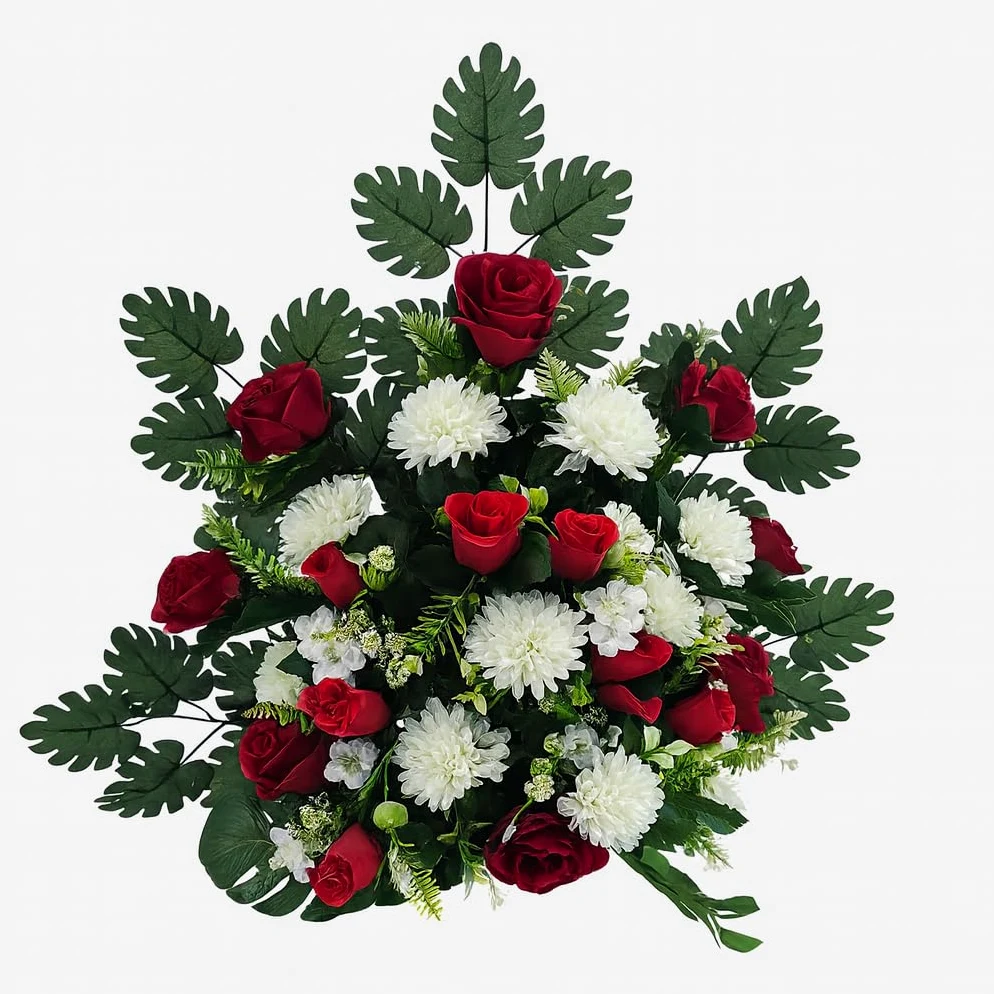 DRW Centre de Fleurs artificielles pour Mariages, églises, cimetières avec Pompon Blanc et Roses Rouges 65 x 65 x 30 cm