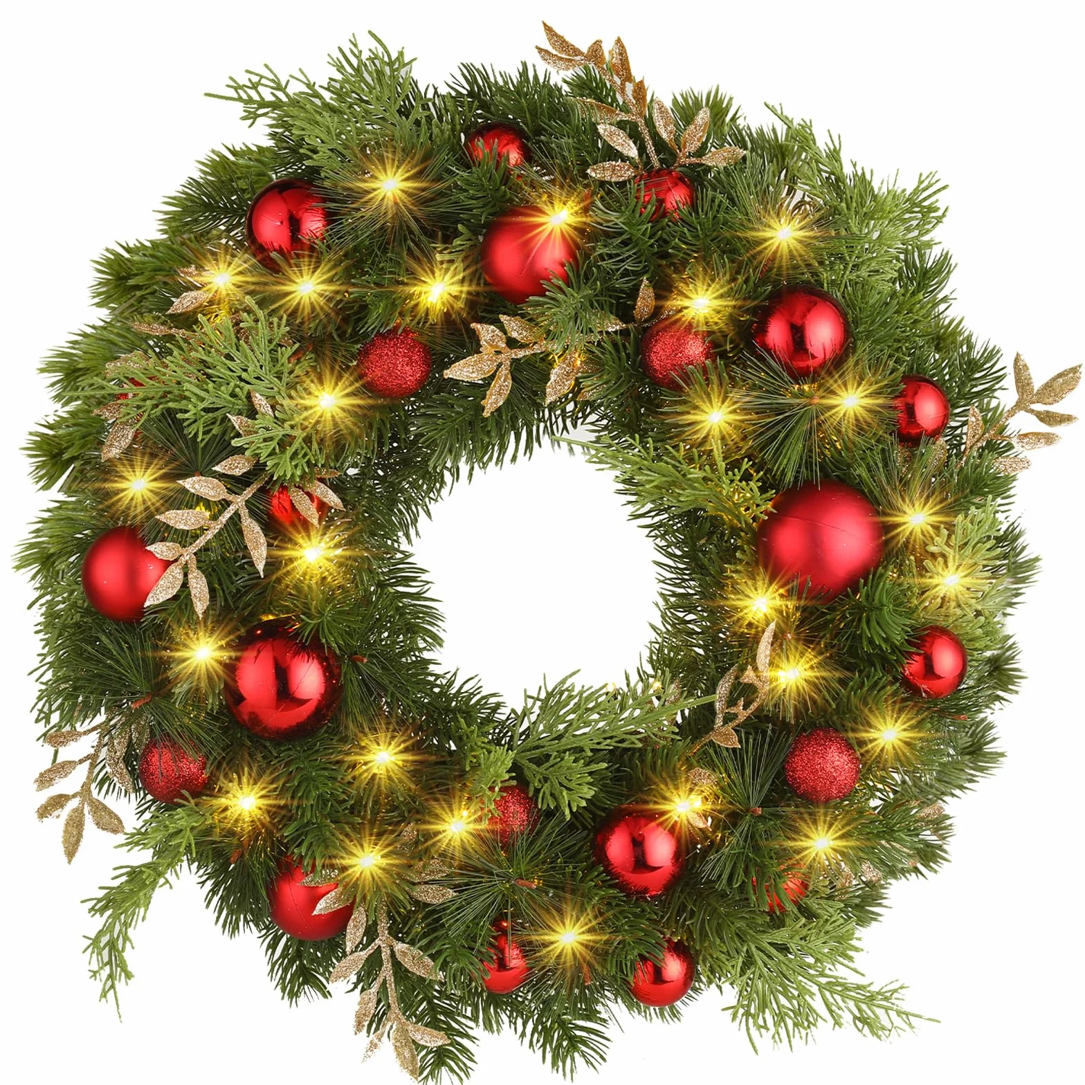 GlobaLink Couronne de Noël, Sapin Artificiel Couronne Porte d'Entrée Couronnes et Guirlandes de Noël Rouges avec Pommes de Pin,40CM