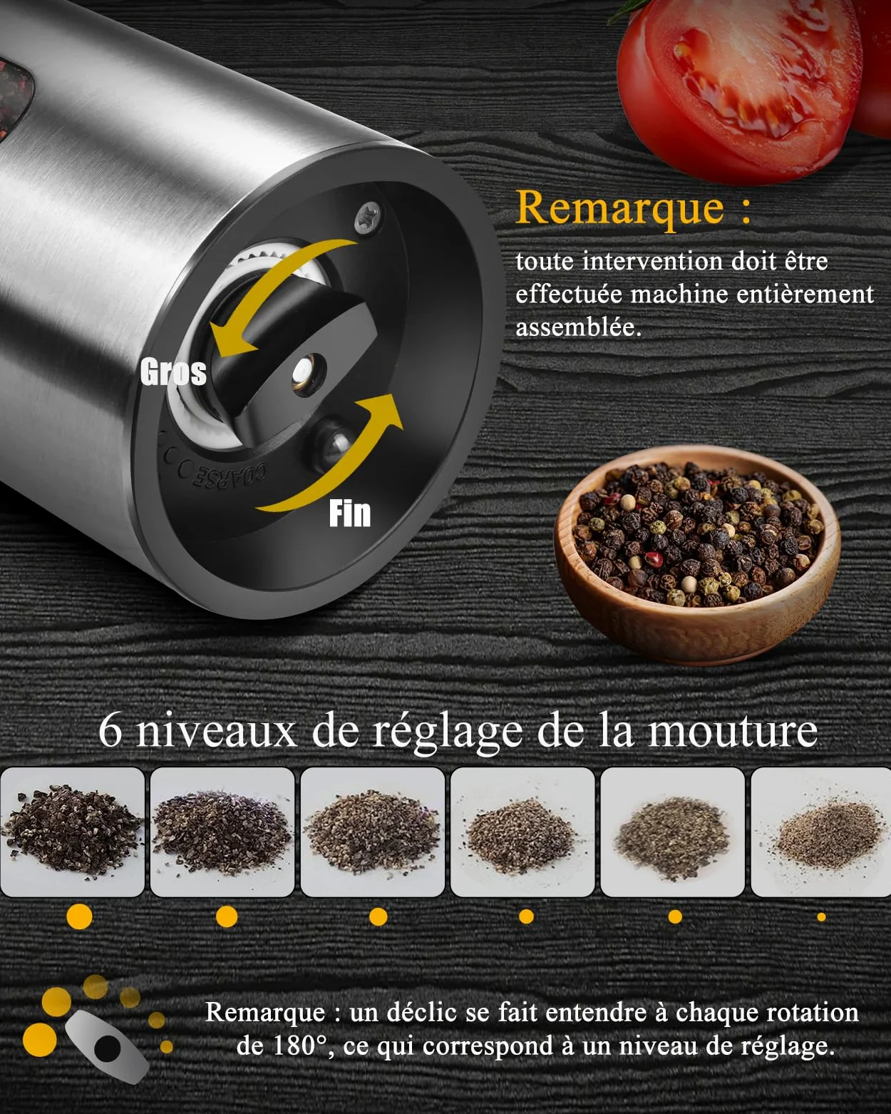 Ensemble de Moulins à Sel et Poivre Électriques Tomentific avec Socle de Rangement, Moulins en Acier Inoxydable avec Réservoir Lavable, Lumière LED Blanche, Réglage Externe de la Mouture