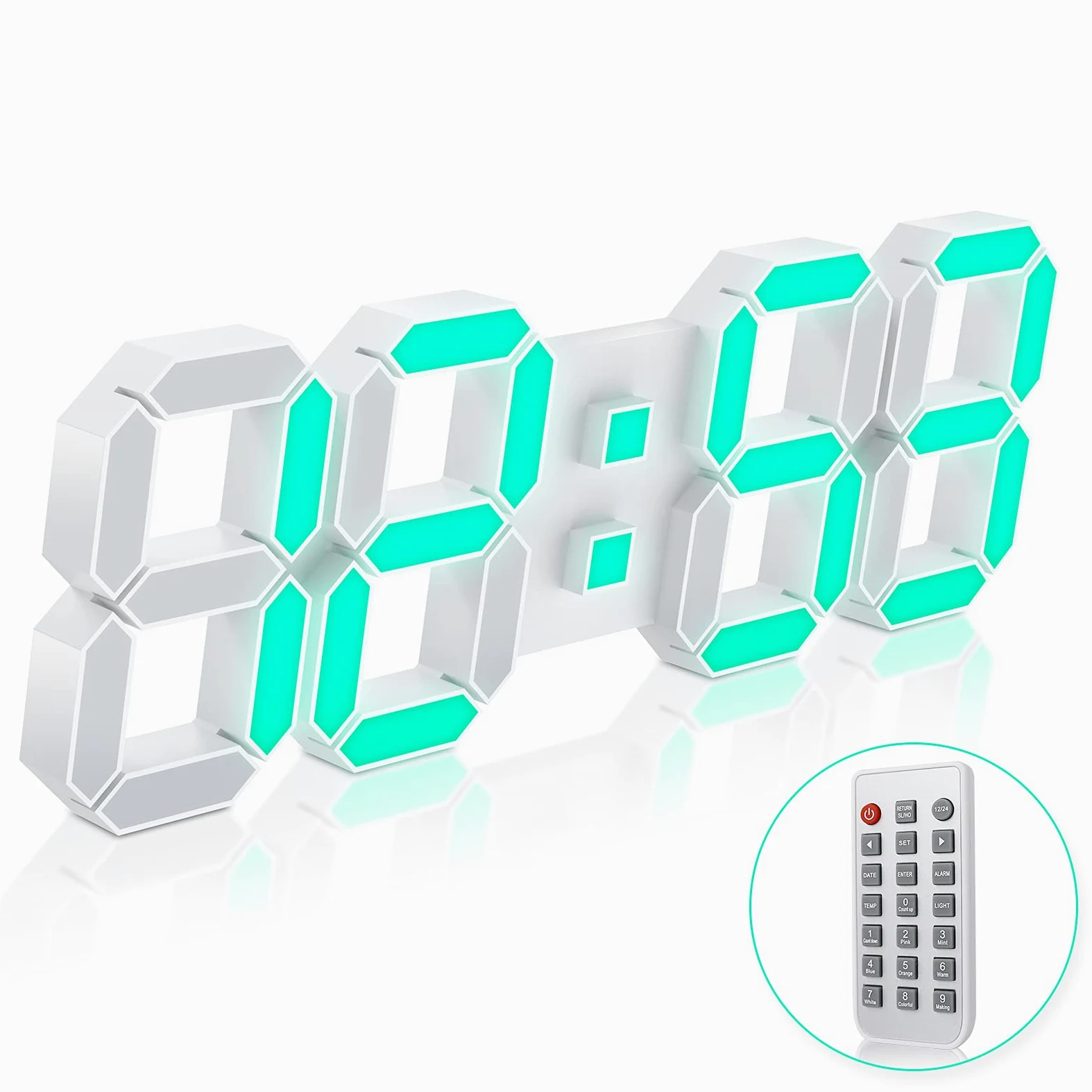 Horloge murale 3D LED 7 couleurs 38,1 cm avec télécommande réveil numérique à luminosité réglable, minuteur 12/24 heures, heure/date/température, cycle de couleurs pour chambre/salon/bureau à domicile