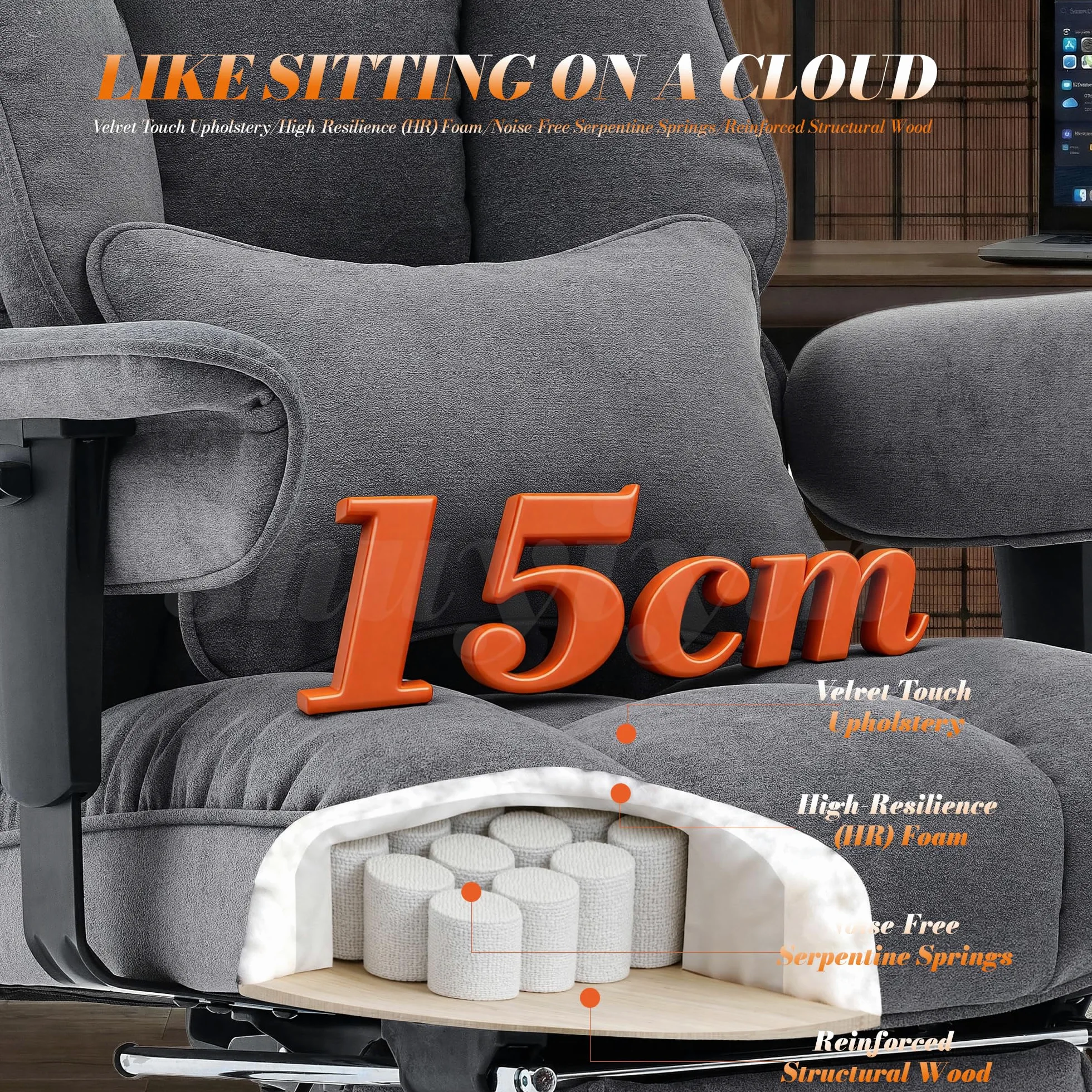 Efomao Chaise de Bureau en Tissu Grande Taille, Fauteuil Ergonomique 200KG, Siège Ordinateur Réglable à Dossier Haut, Chaise Pivotante avec Repose-Pieds et Coussin Lombaire