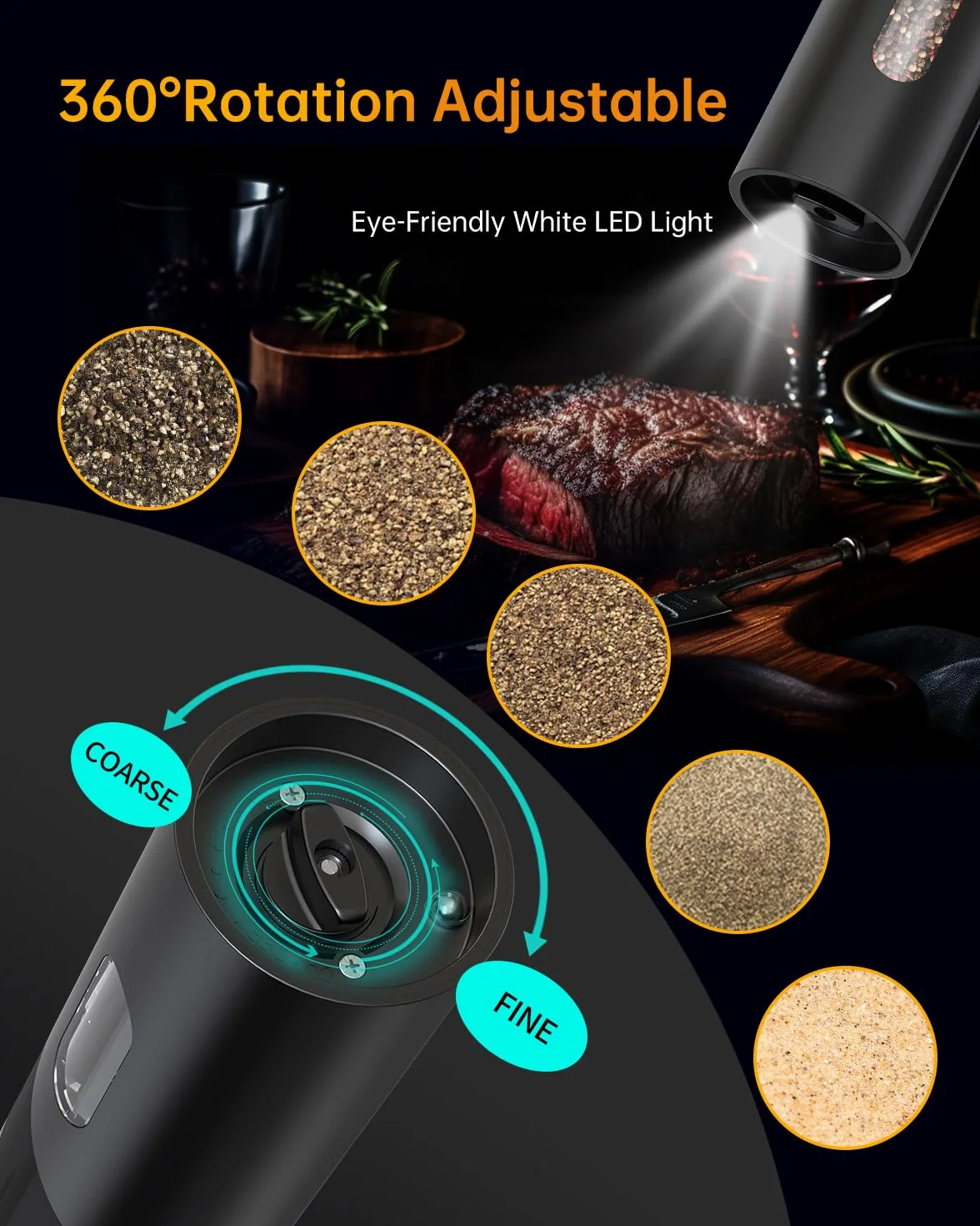 CIRCLE JOY Ensemble de Moulins à Sel et Poivre Électriques Rechargeables avec Socle de Recharge, Grossièreté Réglable, Capacité de 110ml et Lumière LED Blanche, Noir