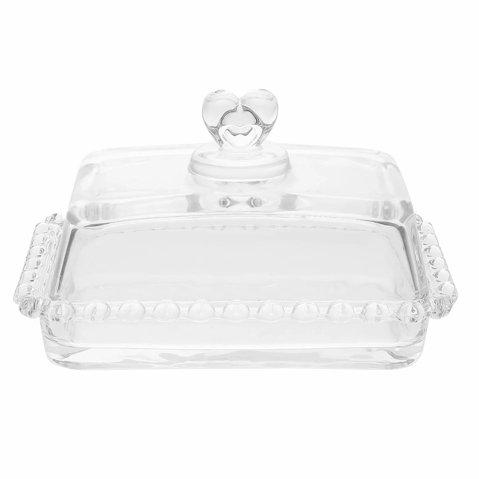 Veemoon Beurrier en Verre Transparent avec Couvercle Anti-Poussière Plateau à Beurre Compact Plat à Fromage et Porte-Beurre pour Réfrigérateur et Service à Table Design Cœur avec Bords
