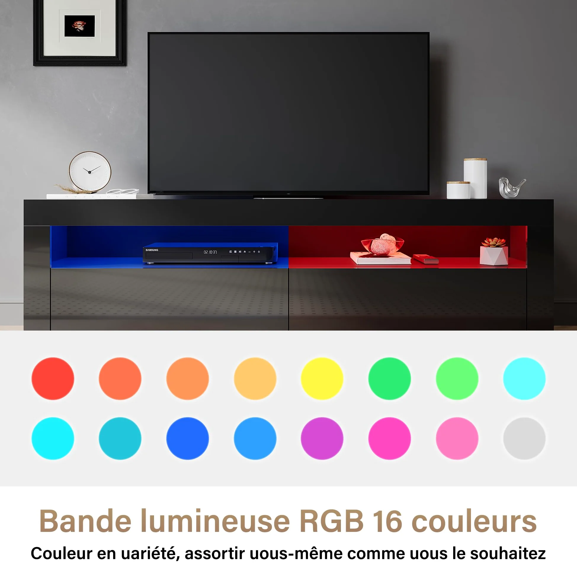 SIRHONA Meuble TV Noir, Meuble Tele avec LED, Éclairage LED RGB avec Couleur réglable, 2 Placards avec Portes, 160x40x45cm, Convient pour Salon ou Chambre