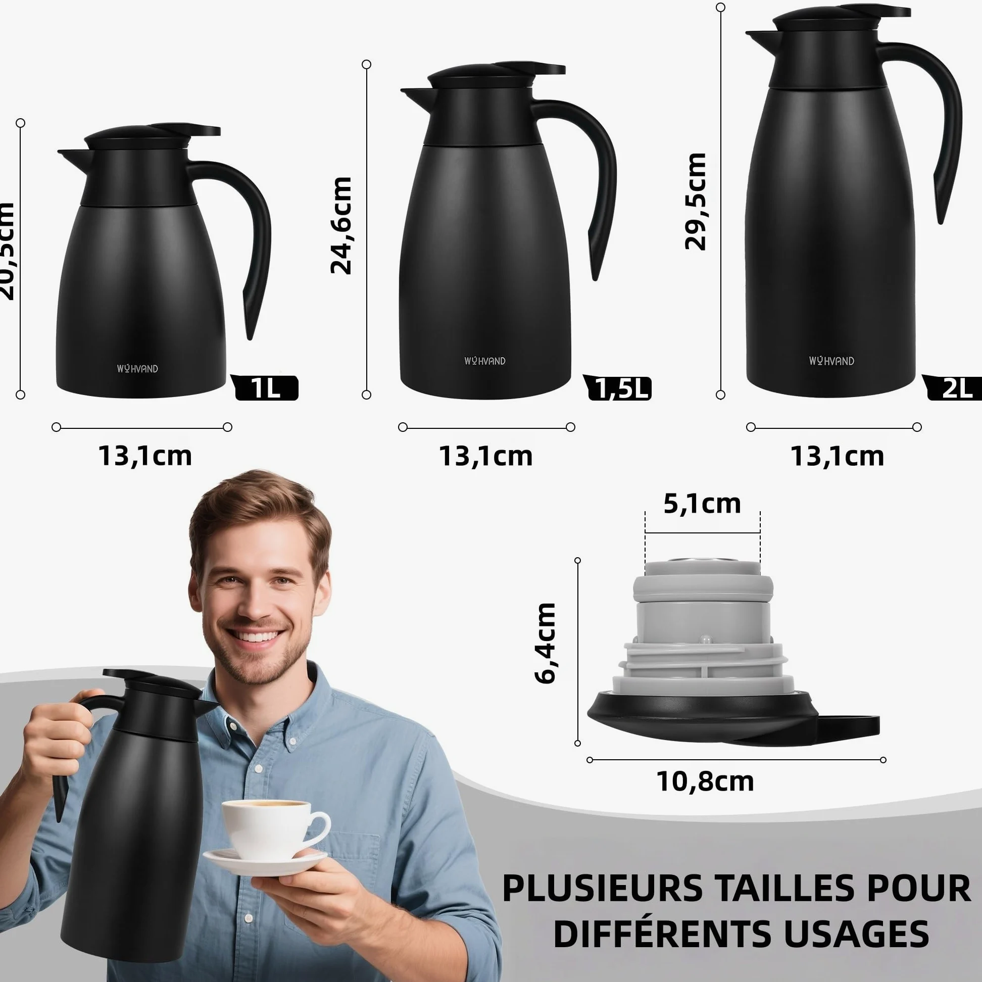 Carafe Isotherme 2L, Pichet à Café en Acier Inoxydable 304, Garde le Chaud et le Froid, Étanche, Versement à Une Main, Maison, Bureau et Hôtel, Noir