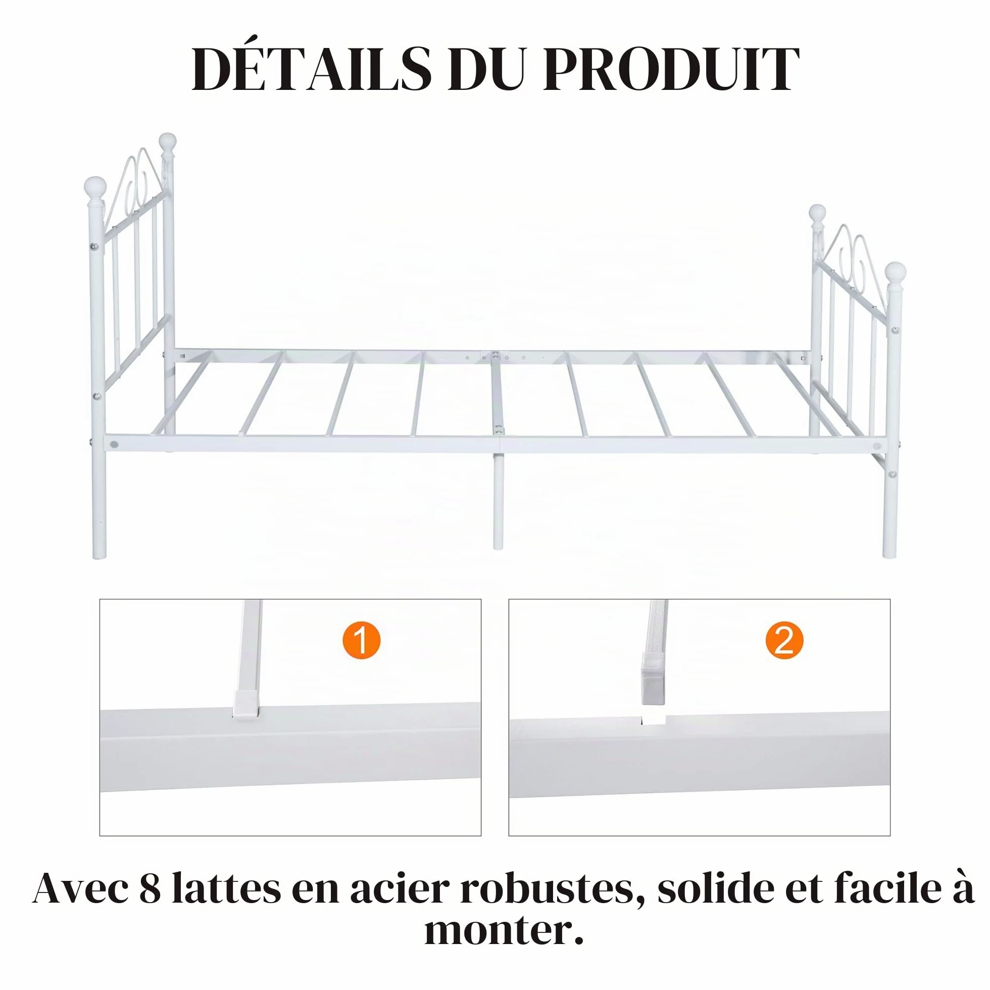Cadre de Lit Enfant en Métal pour Matelas 90x190 cm, Lit Enfant Sol avec Sommier 90x190/Montage Facile/Convient comme pour Enfants/Ado/Adolescent Garcon/Fille/Senior/Blanc/Style A