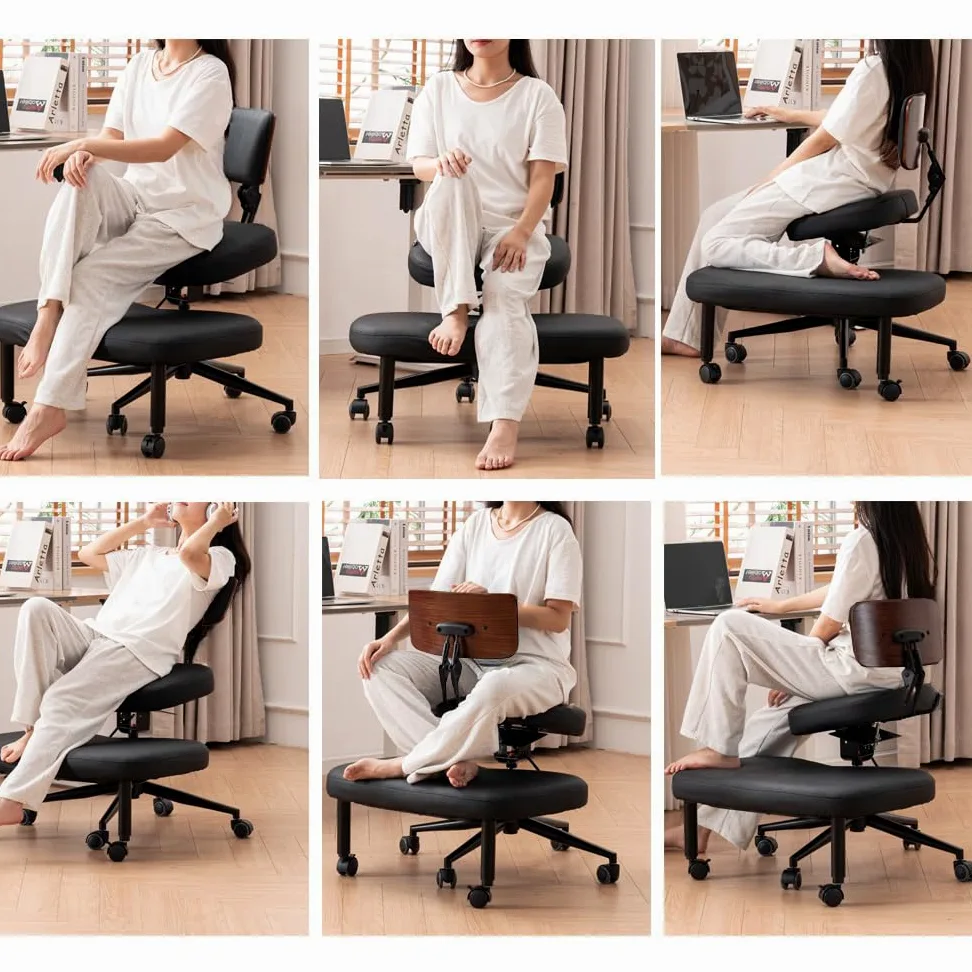 Chaise genoux ergonomique avec dossier, tabouret réglable pour une meilleure posture, assise rembourrée avec roulettes, noire