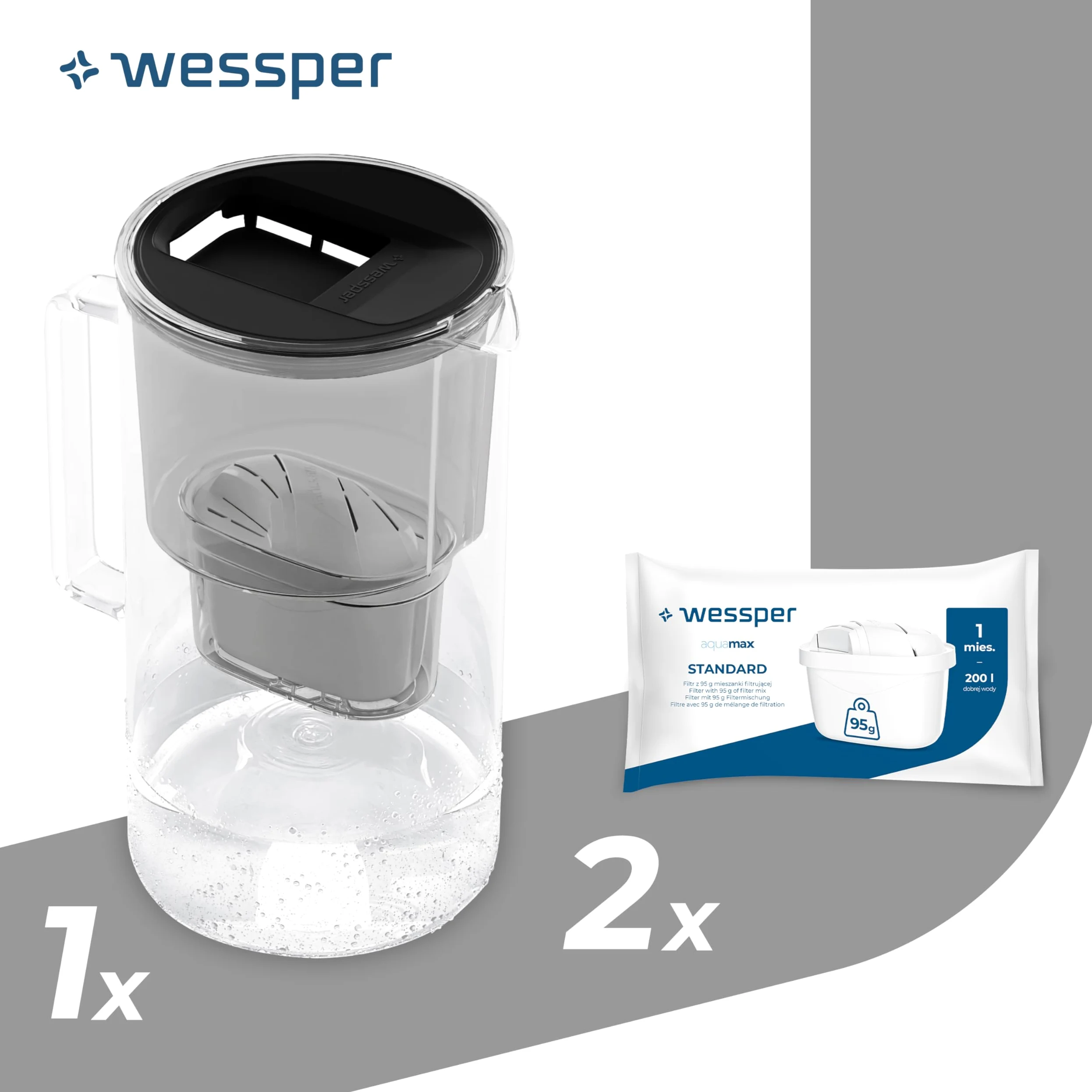 Wessper Carafe Filtrante en Verre 3L avec deux Filtres Eau, Compatibles avec Brita Maxtra, Brita Maxtra Plus, Kit Carafe avec 2 Cartouche Filtrante - Noir