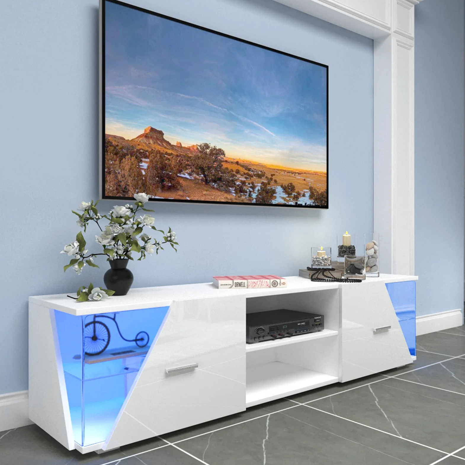 Dripex Meuble TV Bas Blanc Brillant avec éclairage LED 150 x 37 x 35 cm