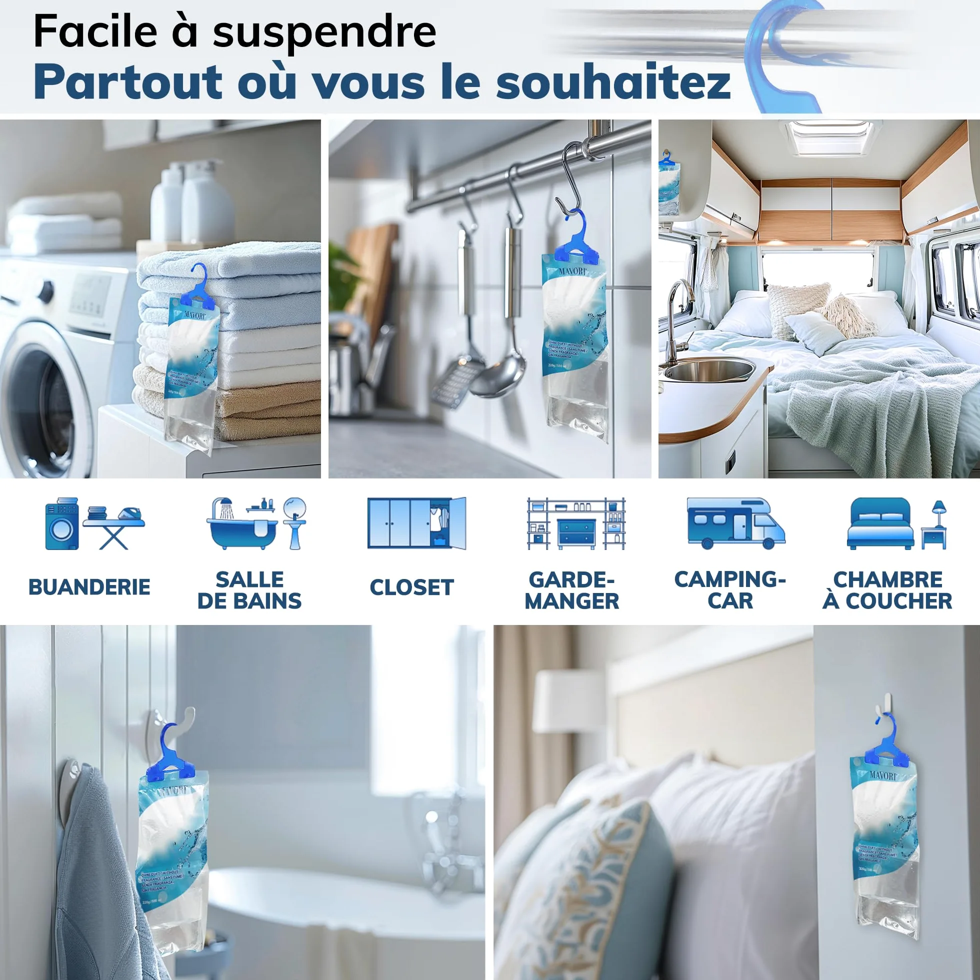 Lot de 10 déshumidificateurs XL à suspendre I sacs déshumidificateurs I déshumidificateur armoire et absorbeurs d'humidité pour pièces contre l'humidité, les moisissures et les odeurs