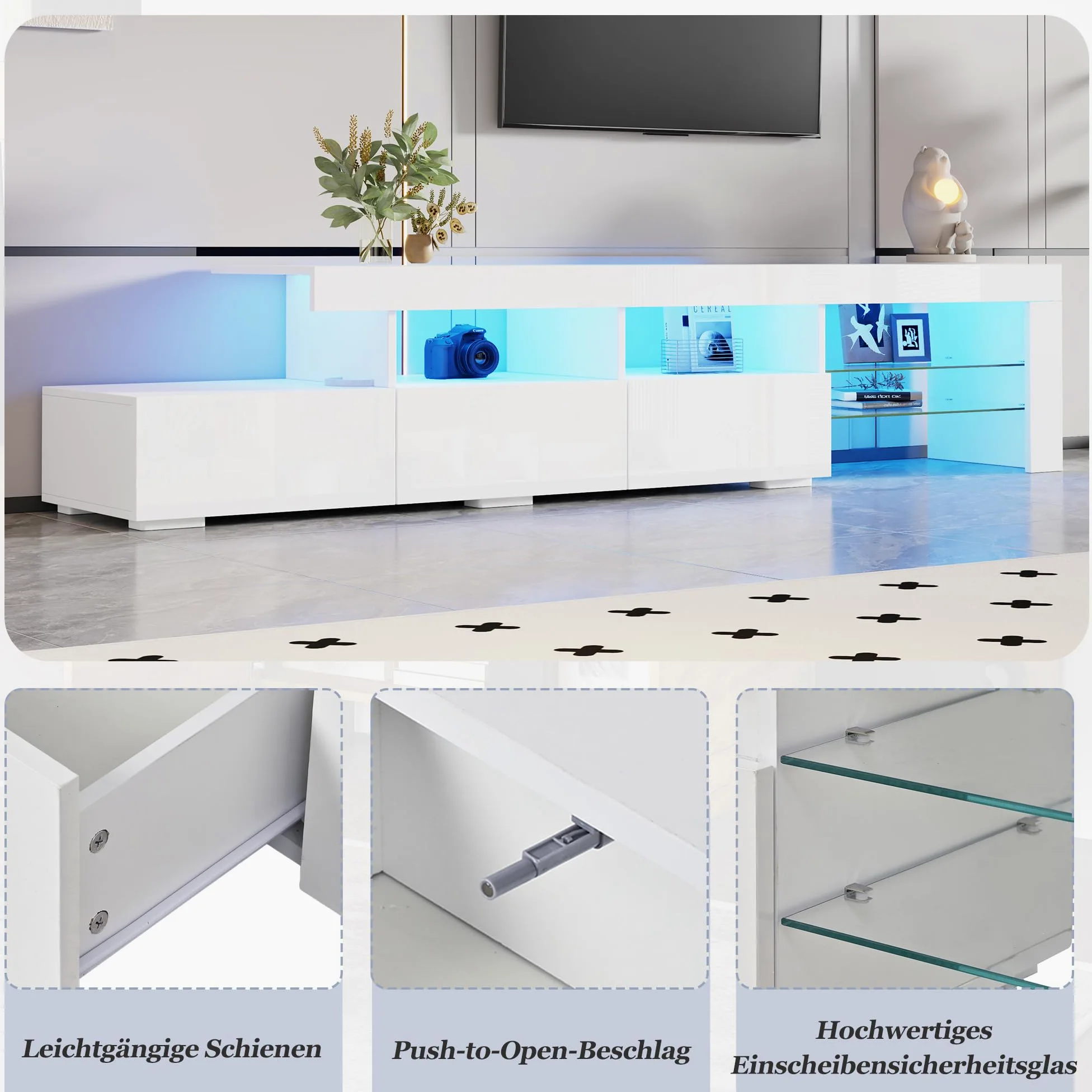 Meuble TV 180 cm Blanc Laqué avec Éclairage LED Piloté par App, Banc TV Moderne pour Téléviseurs jusqu'à 75 Pouces, 3 Tiroirs Push-to-Open et 7 Compartiments de Rangement pour Salon et Chambre