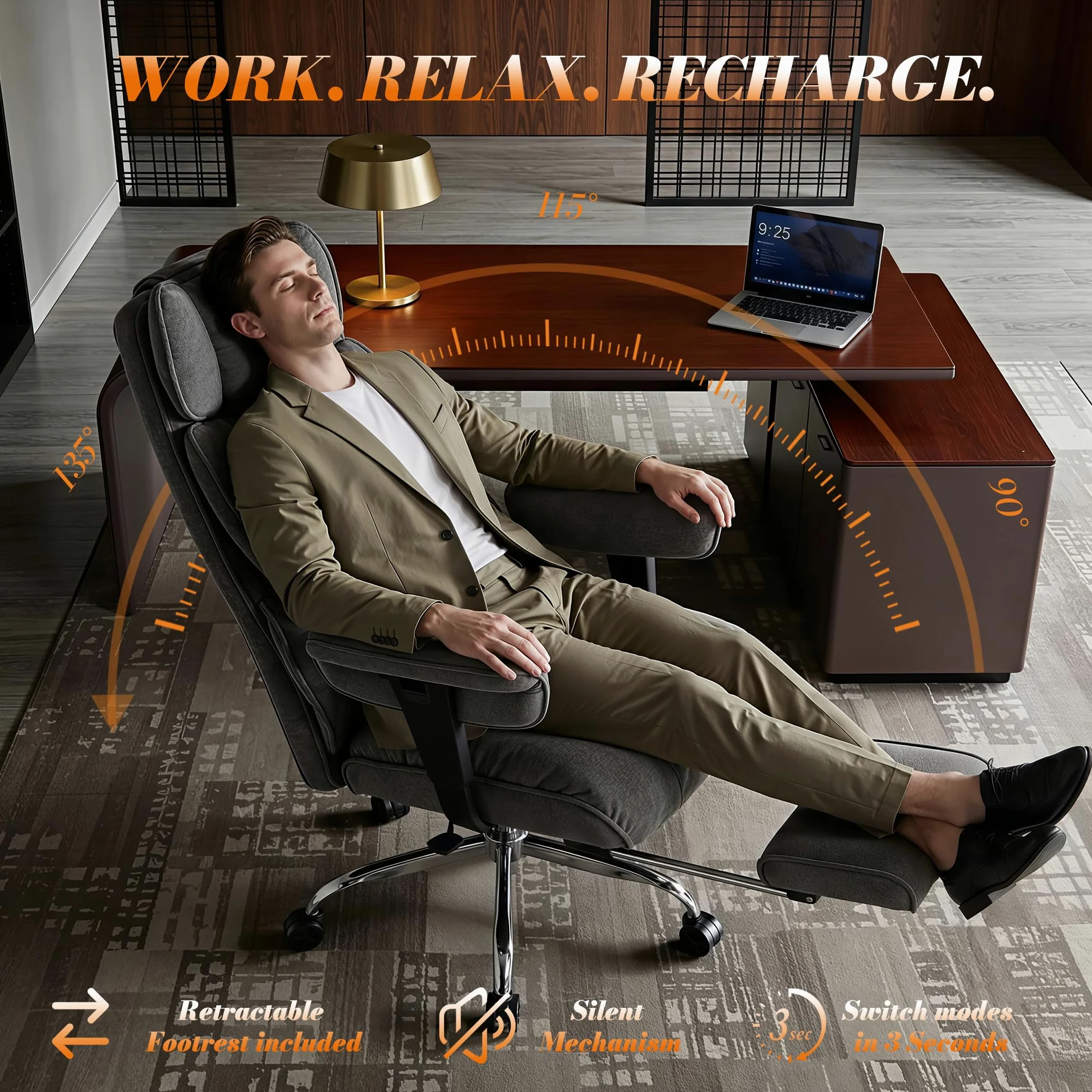 Efomao Chaise de Bureau en Tissu Grande Taille, Fauteuil Ergonomique 200KG, Siège Ordinateur Réglable à Dossier Haut, Chaise Pivotante avec Repose-Pieds et Coussin Lombaire