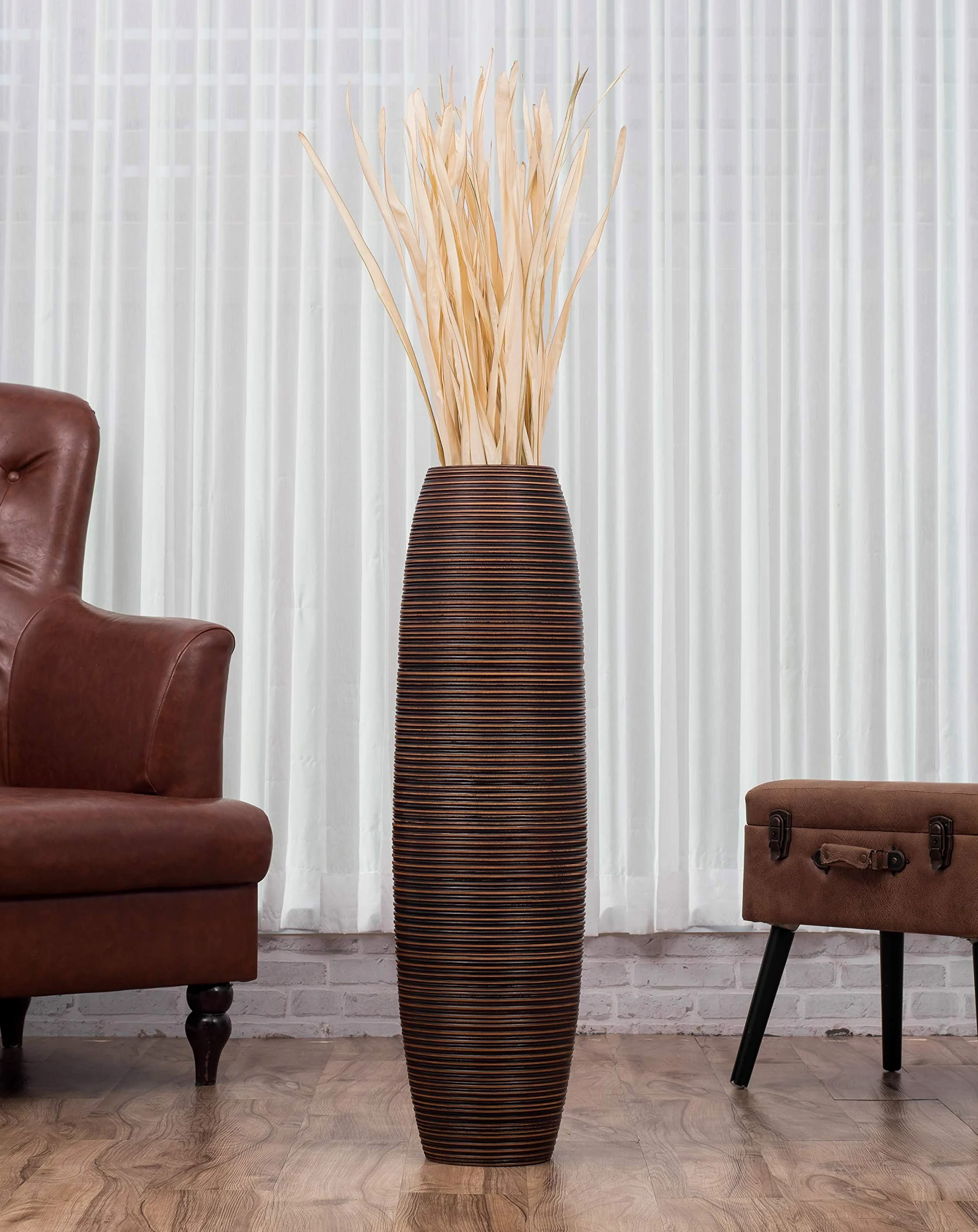Leewadee Grand Vase de Sol 85 cm Bois de Manguier Pampa & Fleurs Séchées | Vase Déco pour Salon, pour Branches & Herbes Séchées. Plus solide que la Céramique, sans Eau. Bohème