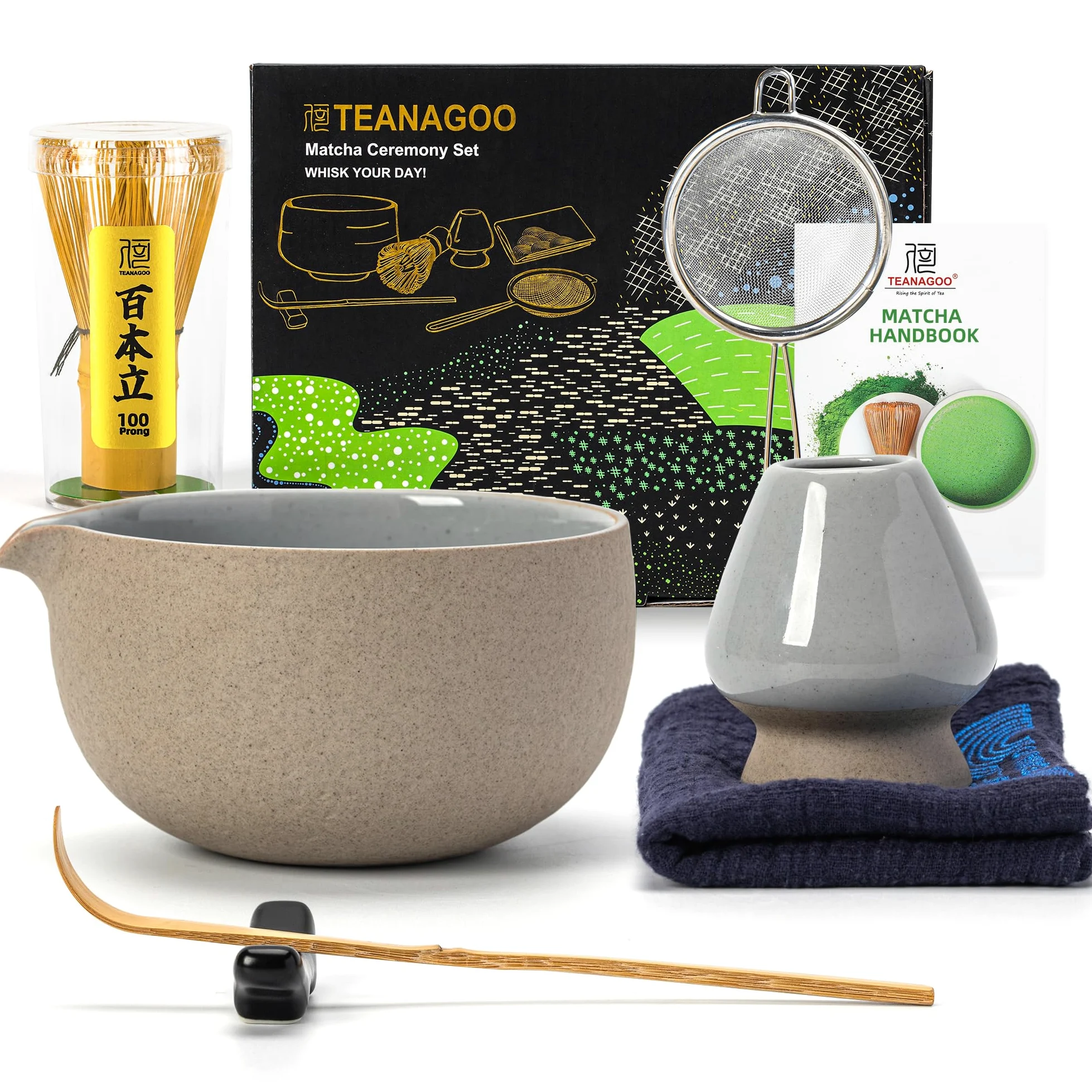 TEANAGOO Kit Matcha 7 pièces, Matcha Set-Bol à matcha avec bec verseur, Fouet à Matcha en Bambou (Chasen), Pelle (Chashaku), Service à thé, (Gris Plus Foncé)