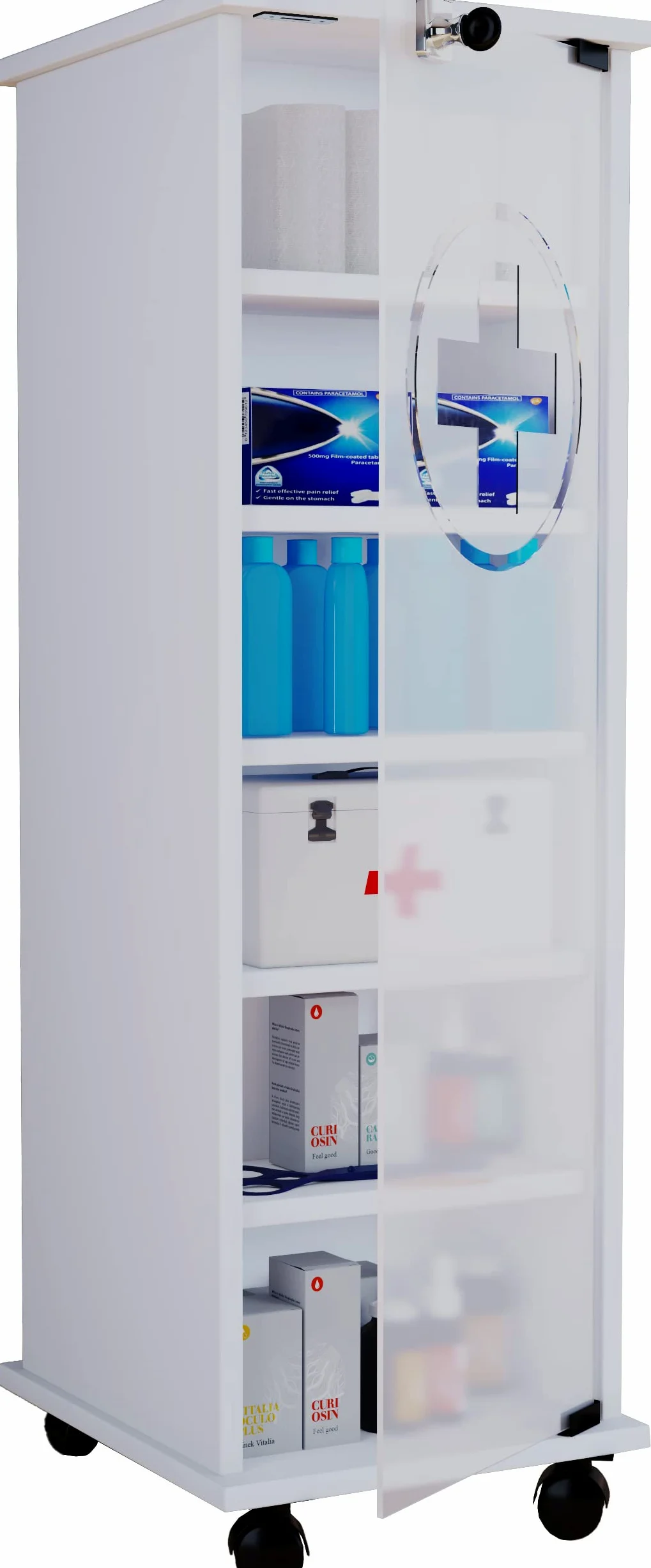 VCM Armoire à Pharmacie à Roulettes, Verrouillable Nilusa Blanc, 98 x 31 x 35 cm