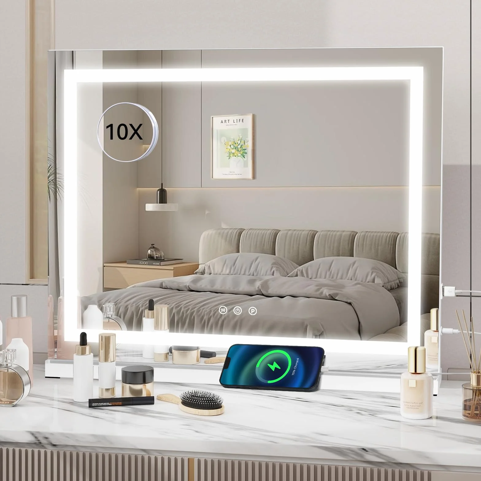 YU YUSING Miroir Coiffeuse de Maquillage LED 58x47 cm, 3 Couleurs, Charge USB, Luminosité Réglable, Miroir Lumineux de Table Cosmétique, Grossissant 10x, Blanc