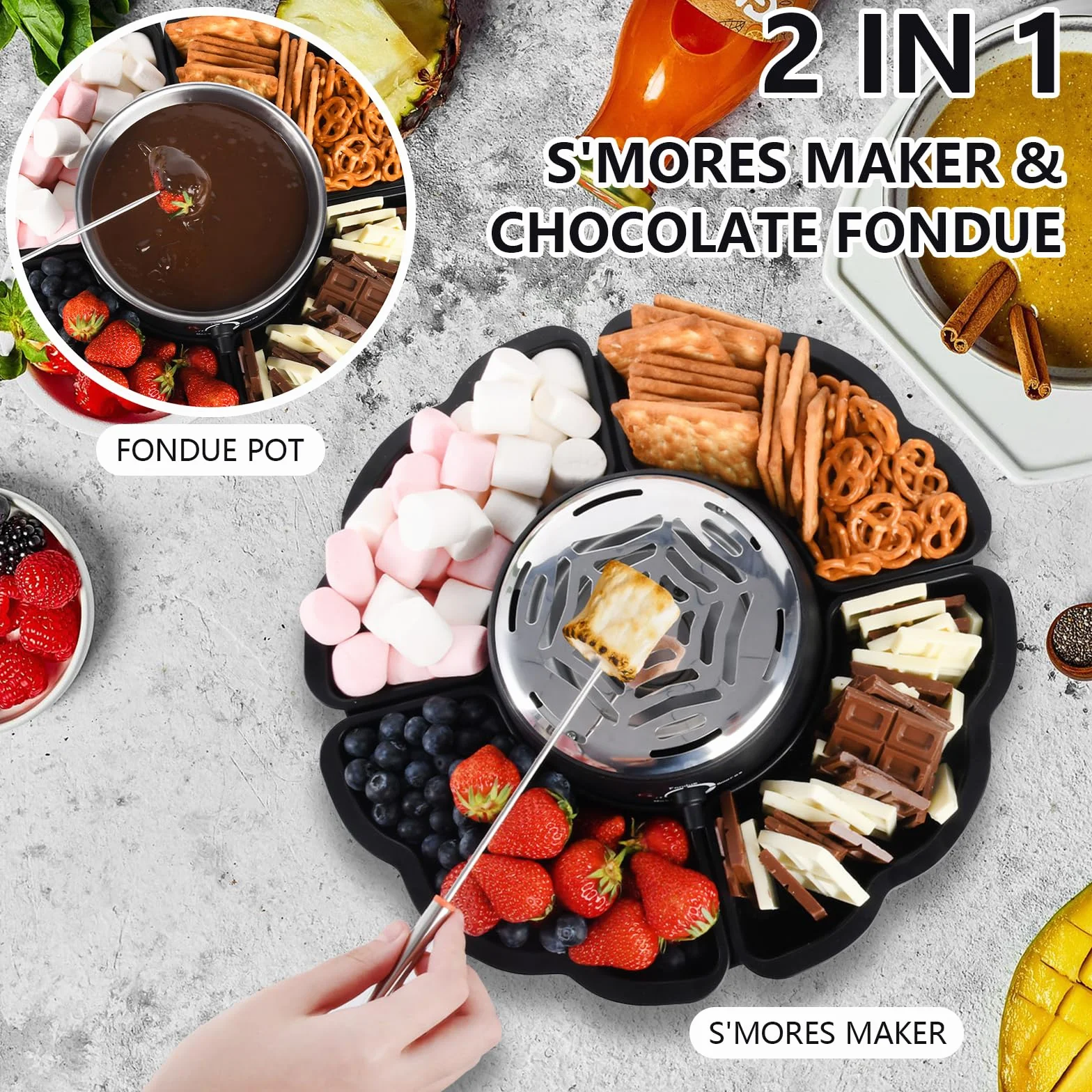 Set à fondue au chocolat 12 pièces avec plateau à fruits et biscuits, appareil 2-en-1 pour fondue et S’mores, chauffe-marshmallow électrique à température réglable, idéal pour fêtes et famille