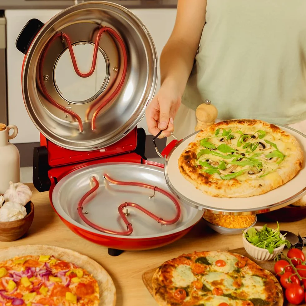 Cecotec four-gril électrique pour pizza Fun Pizza&Co Mamma Mía Vista, 1200 W, minuteur 15 minutes, température maximale de 420ºC en 3 minutes, fenêtre de visualisation, plaque de pierre.