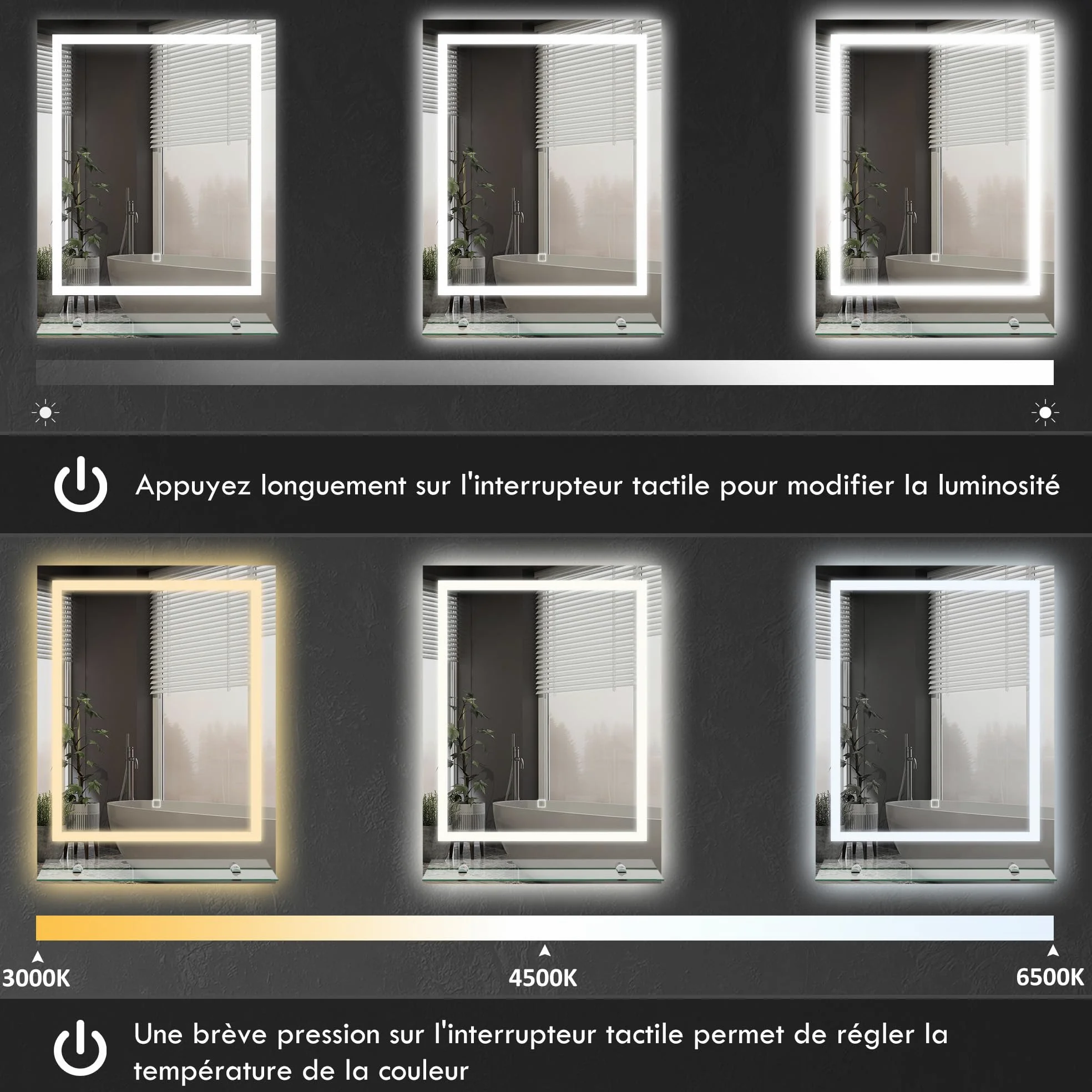 kleankin Miroir Lumineux LED rectangulaire Miroir Mural avec étagère de Salle de Bain 70 x 50 cm luminosité réglable Anti-buée Interrupteur Tactile