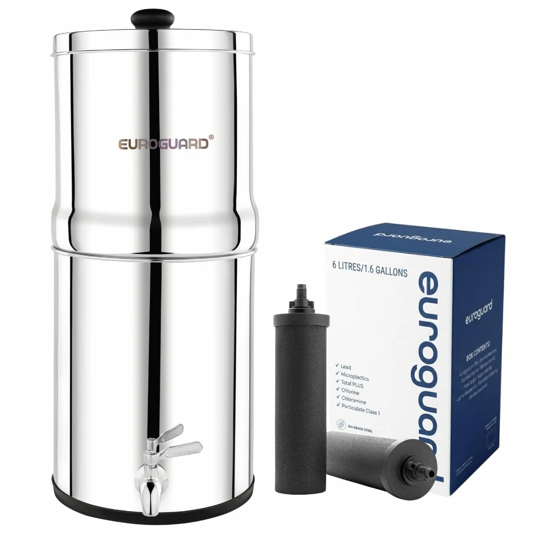 Filtre à Eau par Gravité 8,5L – Purificateur d’Eau en Acier Inoxydable 304, 2x Filtres à Charbon Actif, Certifié NSF/ANSI 42 & 372, Robinet en Acier Inoxydable, Sans Électricité