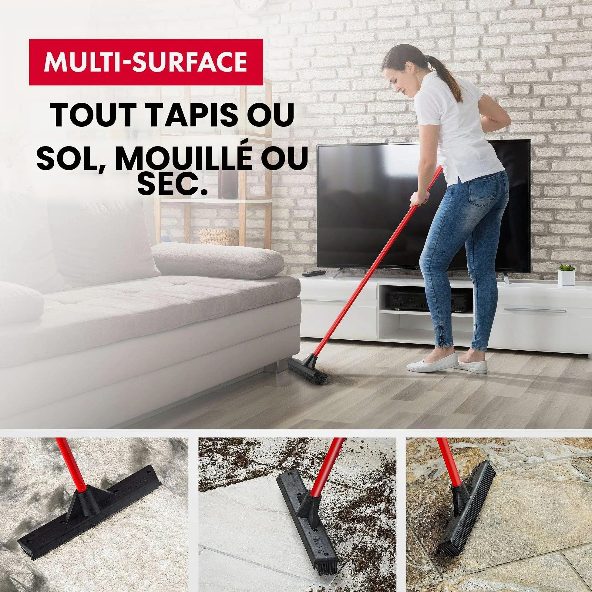 Tyroler Balai Caoutchouc & Raclette Sol | Tête De 33 cm Balai Bross Poils Animaux | Manche Anti-Rouille en 4 Parties de 140 cm pour Balais Coiffeur Caoutchouc Professionnel | Balais Nettoyer Sol