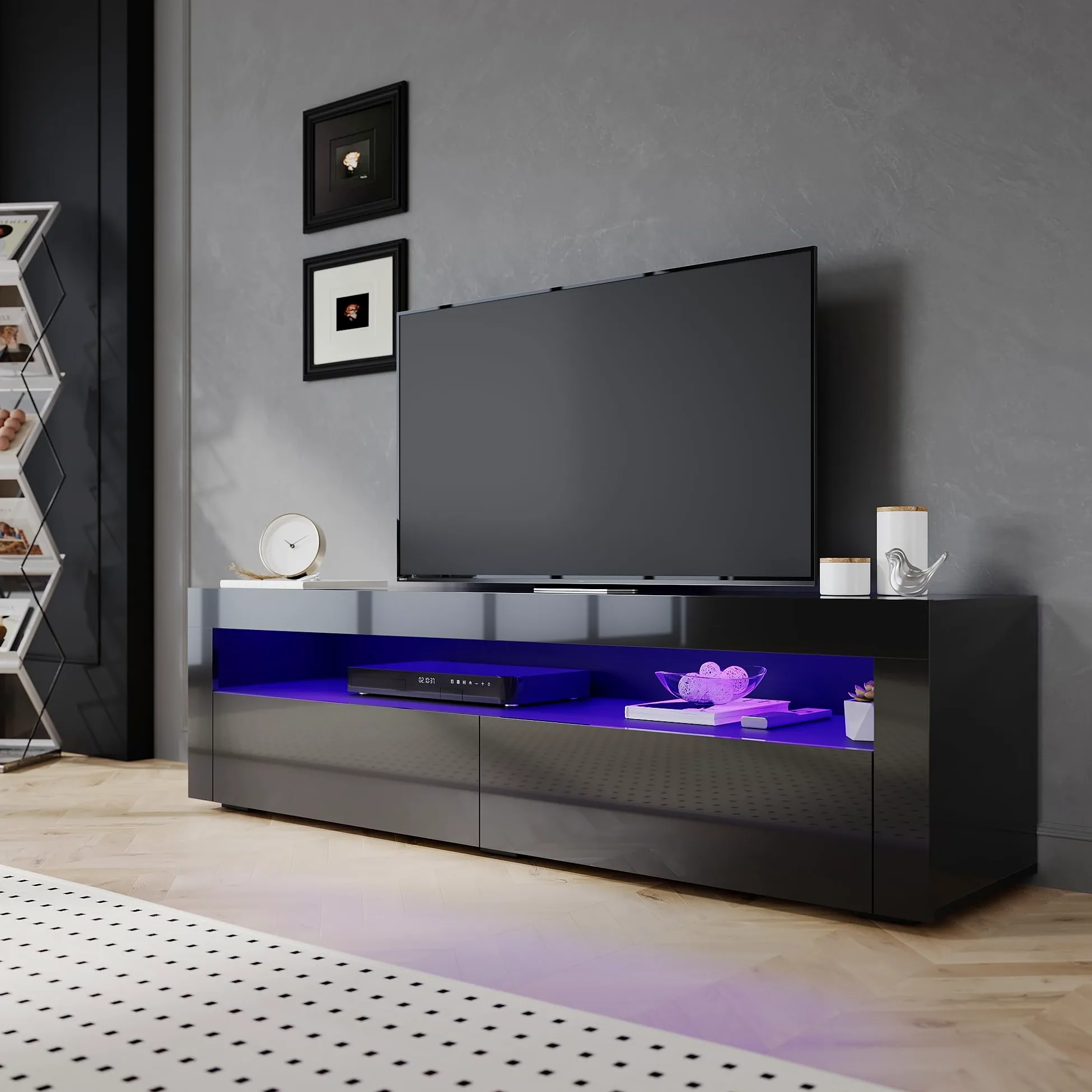 SIRHONA Meuble TV Noir, Meuble Tele avec LED, Éclairage LED RGB avec Couleur réglable, 2 Placards avec Portes, 160x40x45cm, Convient pour Salon ou Chambre