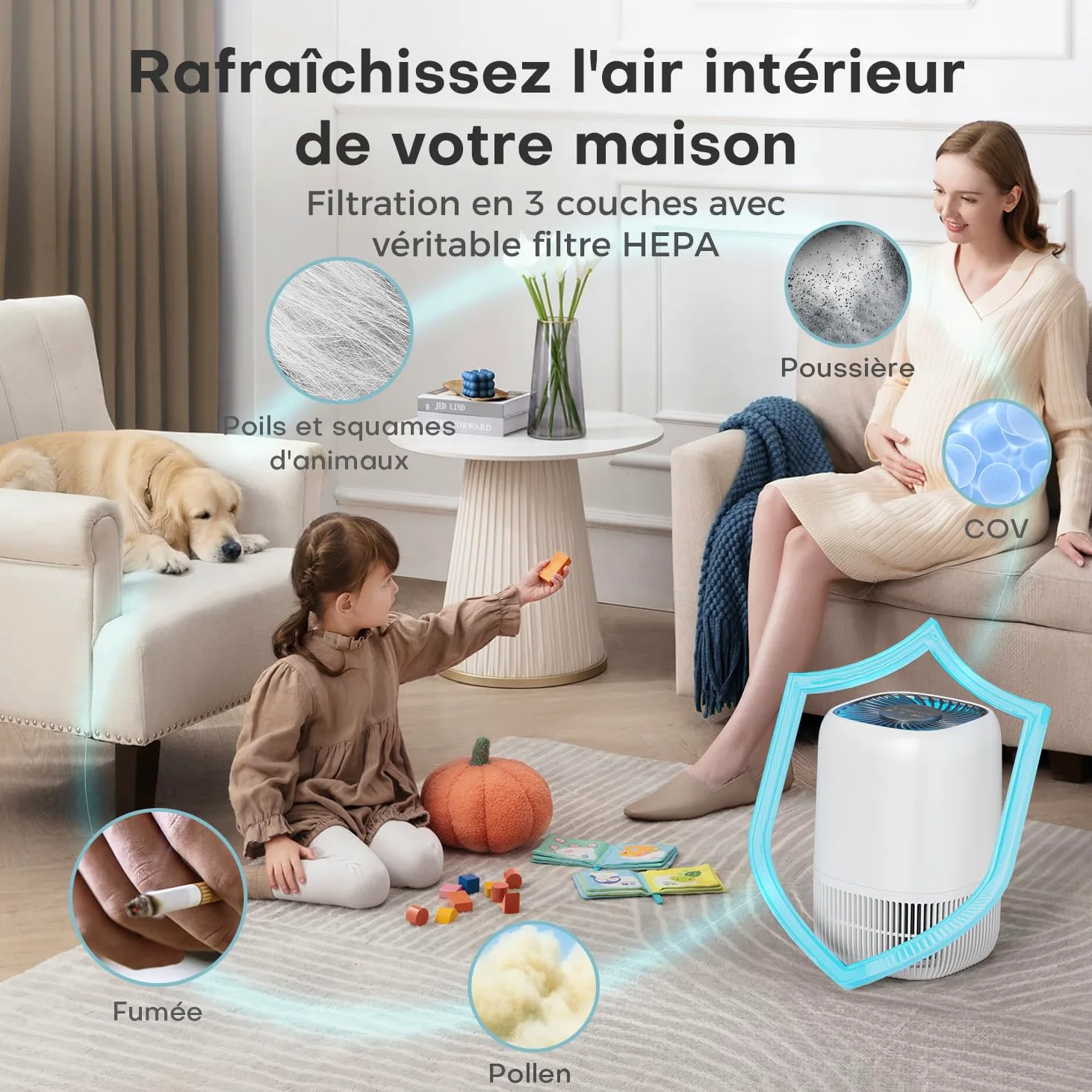 AROEVE Purificateur d'Air avec Filtre HEPA H13 à 3 Étages, Pour Chambre 20m², Silencieux 22 dB & Économie d'Énergie 5W, Élimine Pollen Fumée Poils d'Animaux, Fonction Aromathérapie