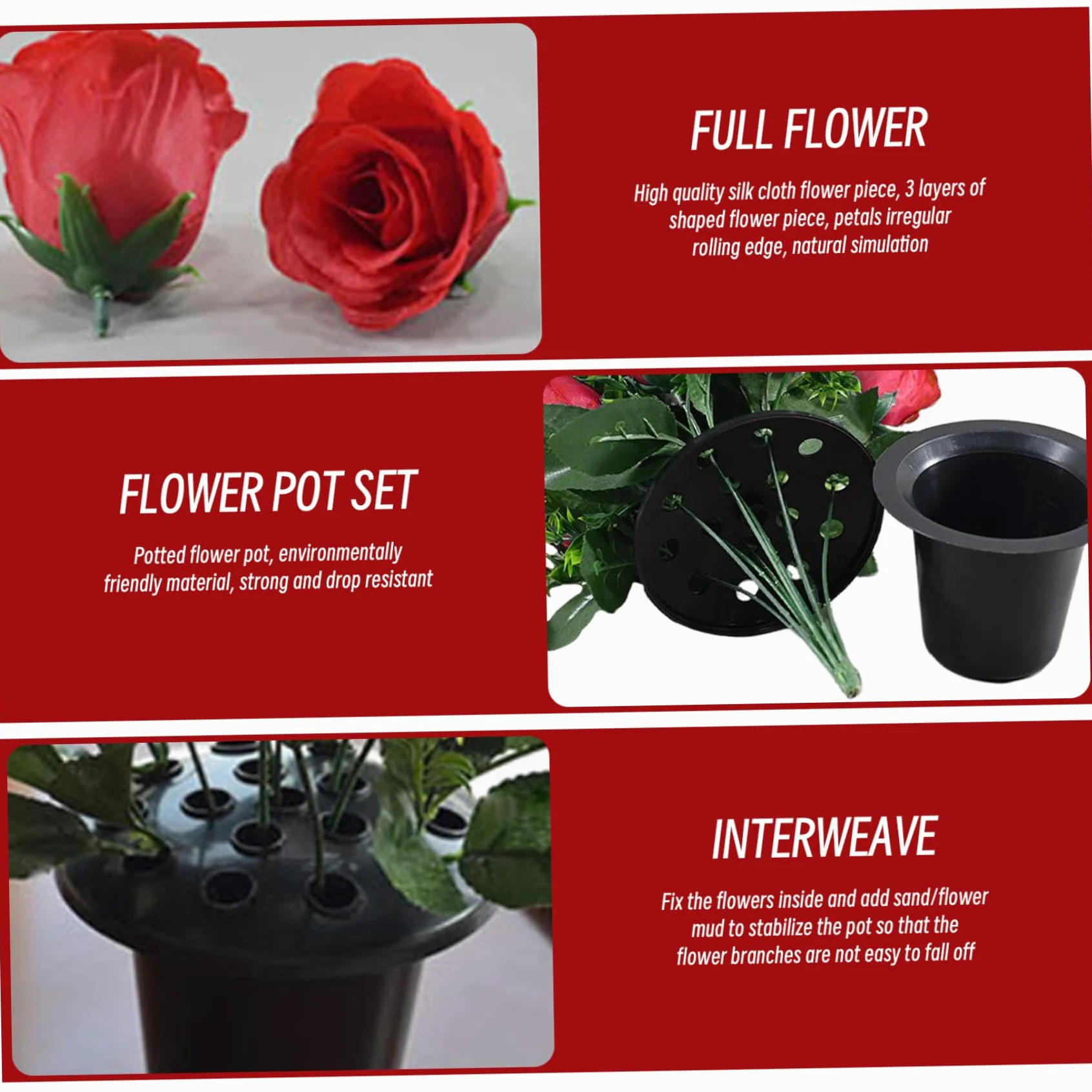 Fleurs de cimetière avec Roses de cimetière en Pot nécessitant Peu d'entretien avec têtes Fleurs en Tissu Soie, Roses artificielles pour Tombe, et funérailles.